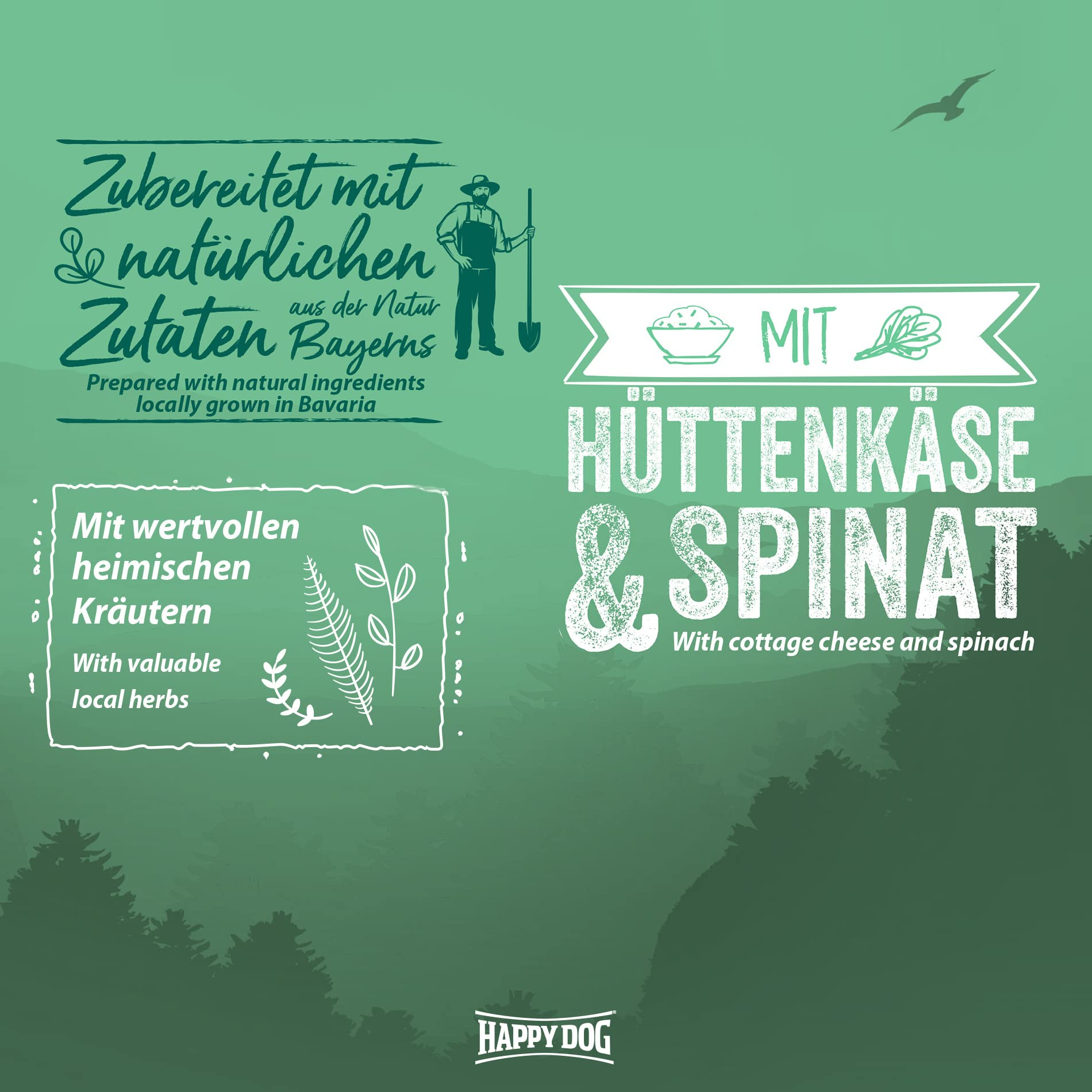 Grünes Werbebanner mit Text über natürliche Zutaten, Kräuter, Hüttenkäse und Spinat sowie Bauernsymbol.