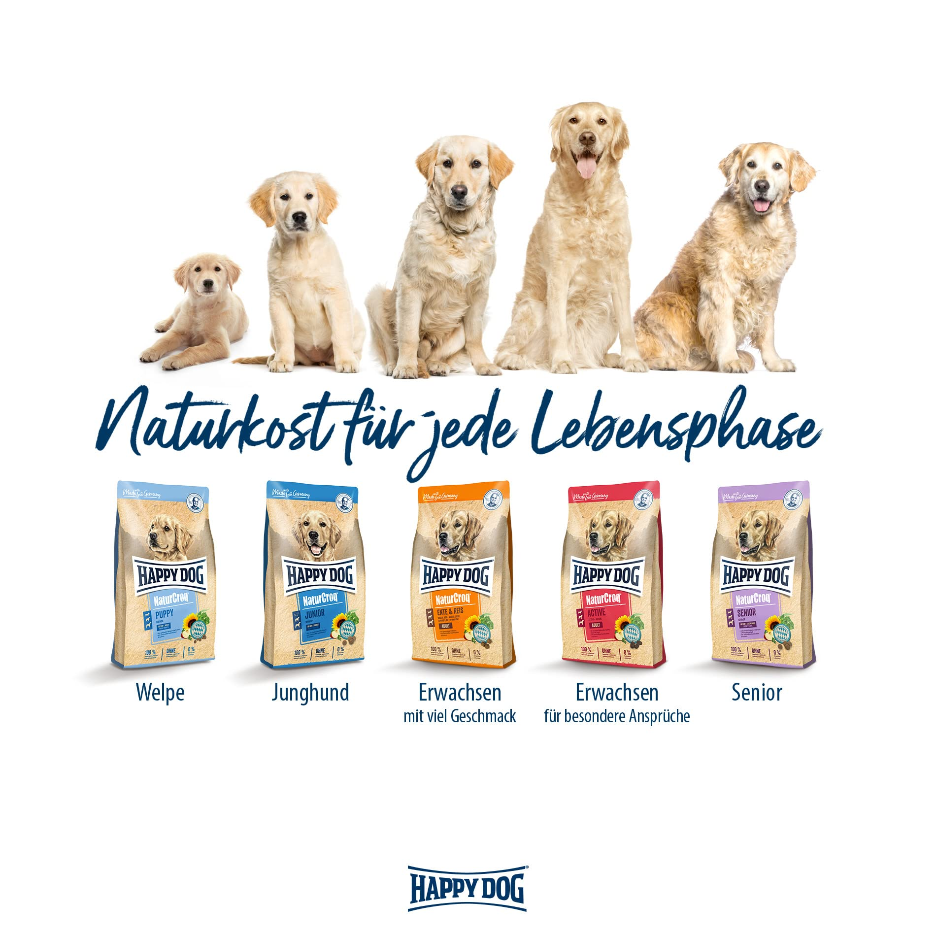 Golden Retriever in verschiedenen Altersstufen mit passendem Happy Dog Hundefutter.