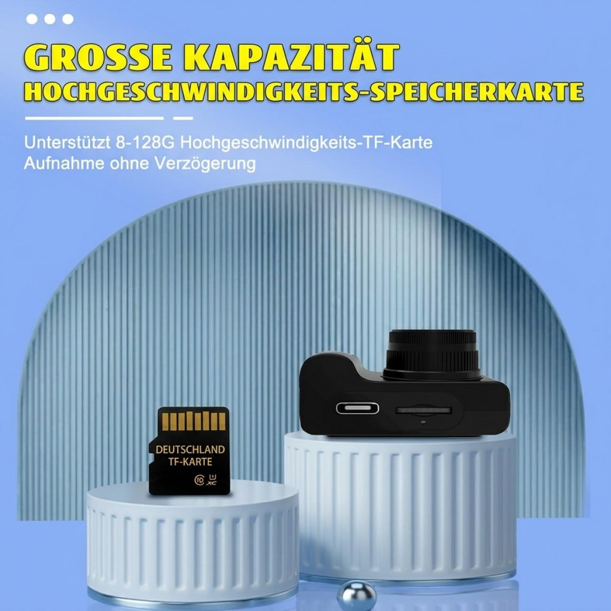 Eine schwarze Dashcam und eine TF-Speicherkarte auf blauen Podesten vor blauem Hintergrund.