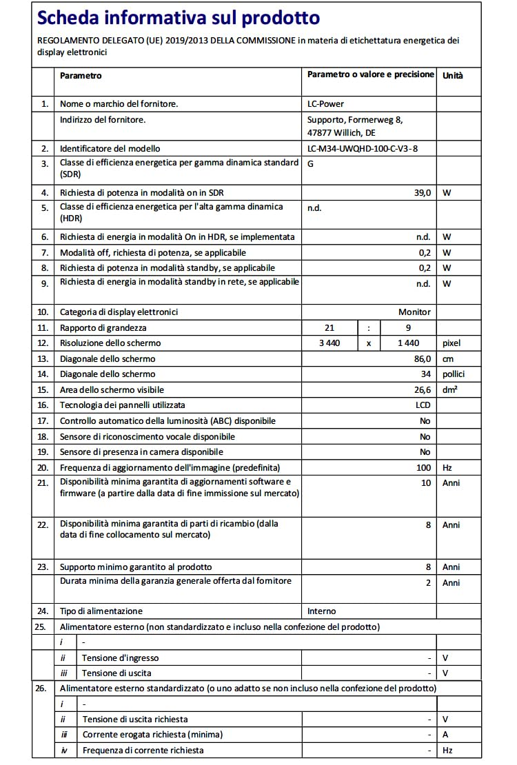 Fiche d'information produit en italien montrant les spécifications techniques et les paramètres d'efficacité énergétique.