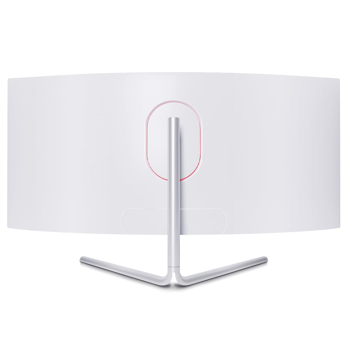 Vue arrière d'un moniteur d'ordinateur incurvé blanc avec un support argenté sur fond blanc.
