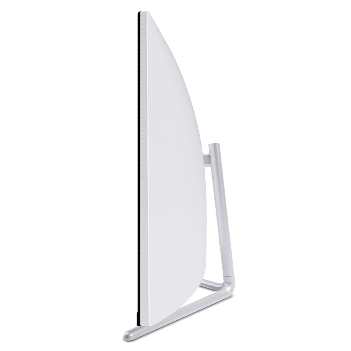 Vue latérale d'un moniteur d'ordinateur blanc moderne avec un pied argenté sur fond blanc.