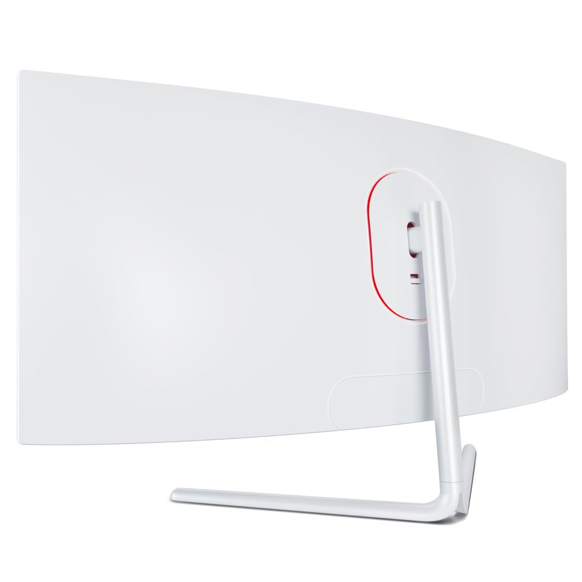 Vue arrière d'un moniteur d'ordinateur incurvé blanc avec un pied blanc et un cercle rouge.