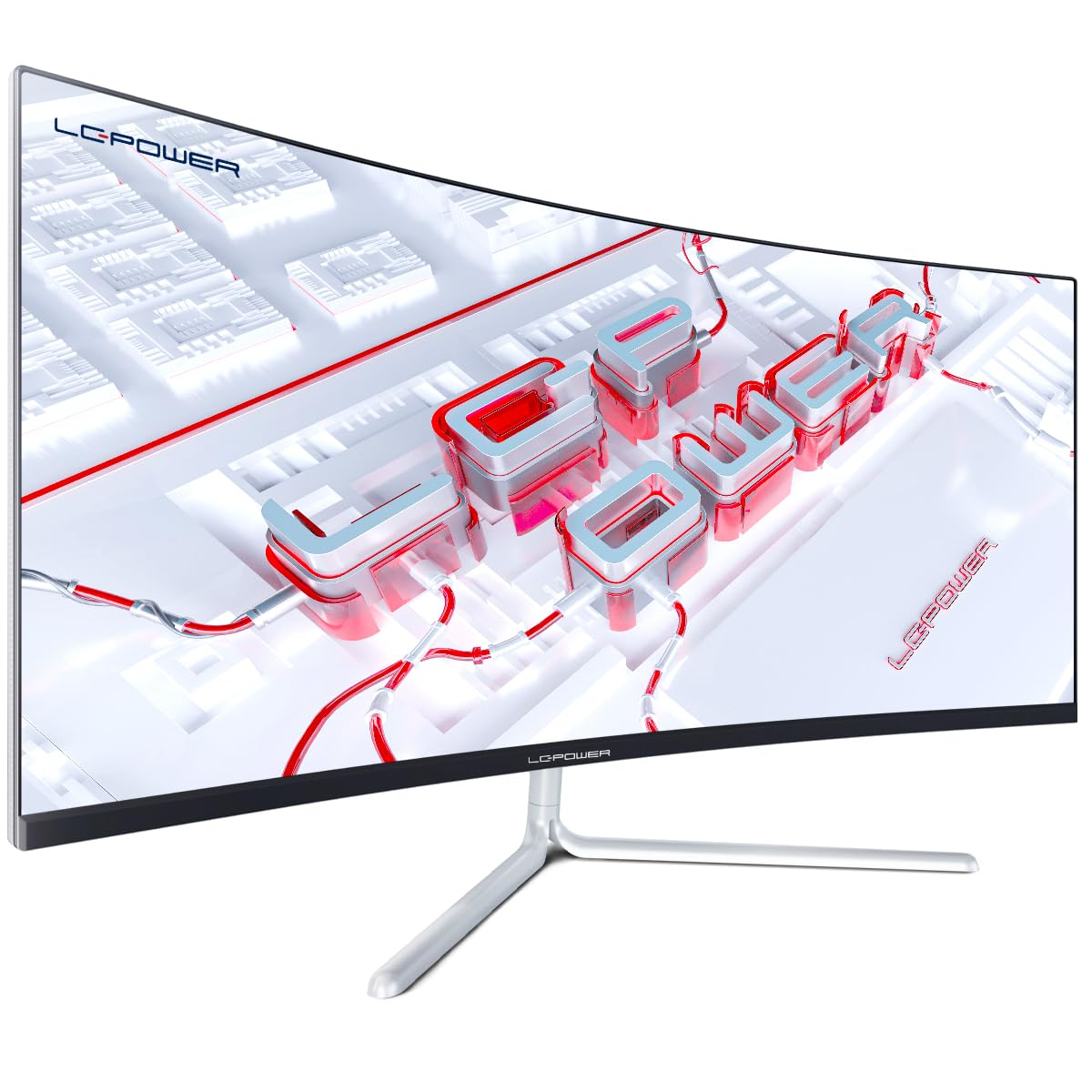 Un moniteur incurvé affiche un graphique de circuit futuriste blanc et rouge sur un pied en métal argenté.