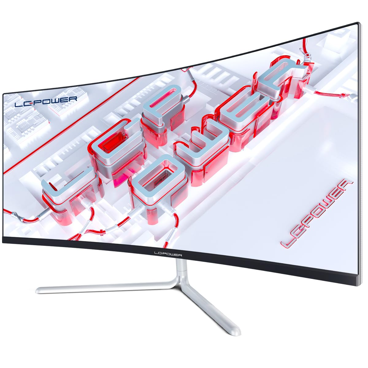 Un moniteur incurvé LC-Power affiche un graphique 3D blanc et rouge sur un pied argenté.