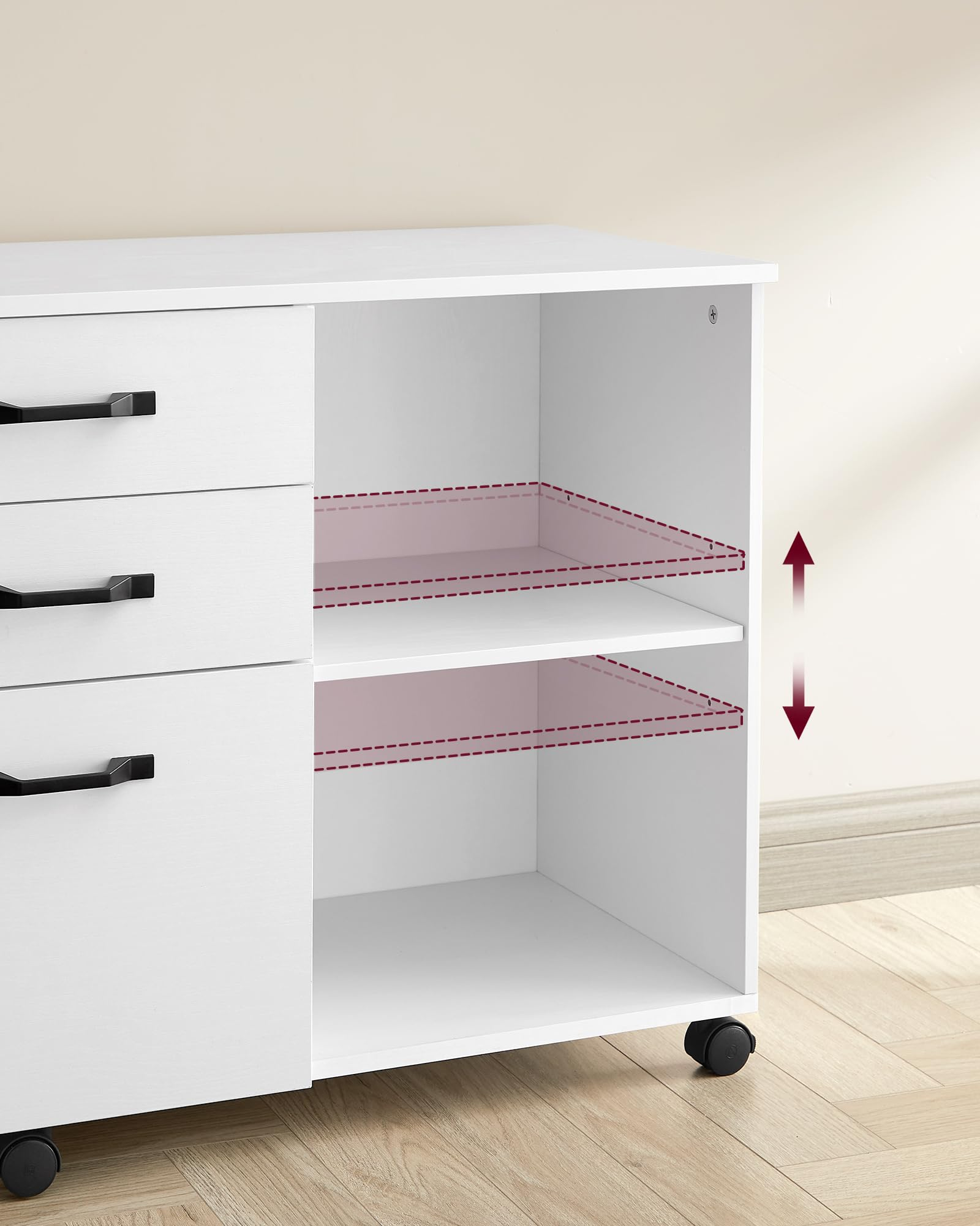 Armoire blanche avec trois tiroirs et une étagère ouverte montrant des hauteurs réglables.