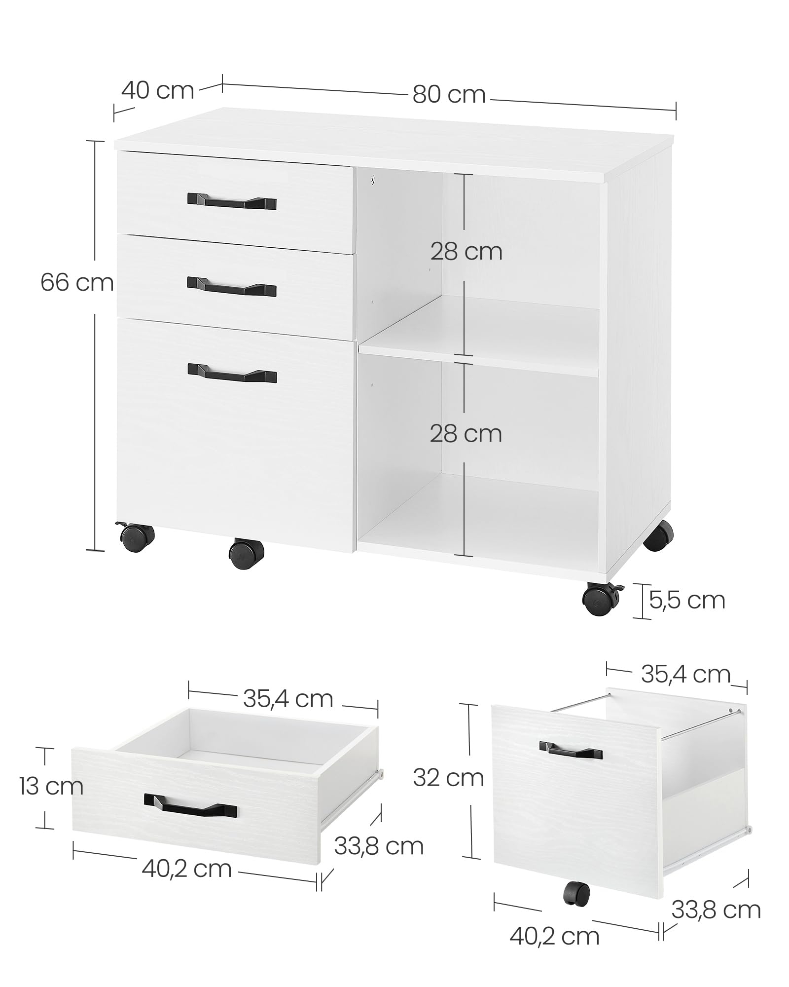 Meuble mobile blanc avec dimensions, trois tiroirs, une porte et deux étagères ouvertes.