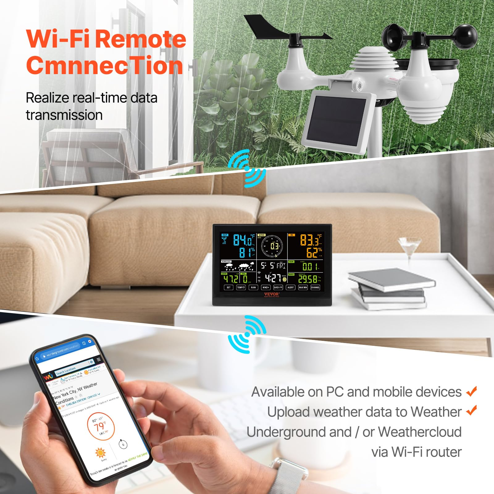 Station météo avec capteur extérieur, écran intérieur et application mobile.