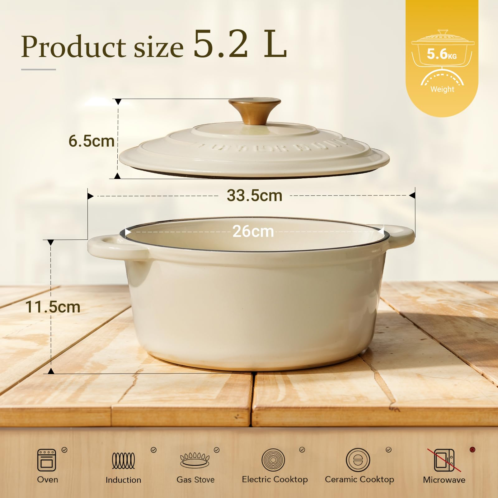 Pentola in ghisa color crema con dimensioni: 5,2 L, 26 cm di diametro e 5,6 kg di peso.