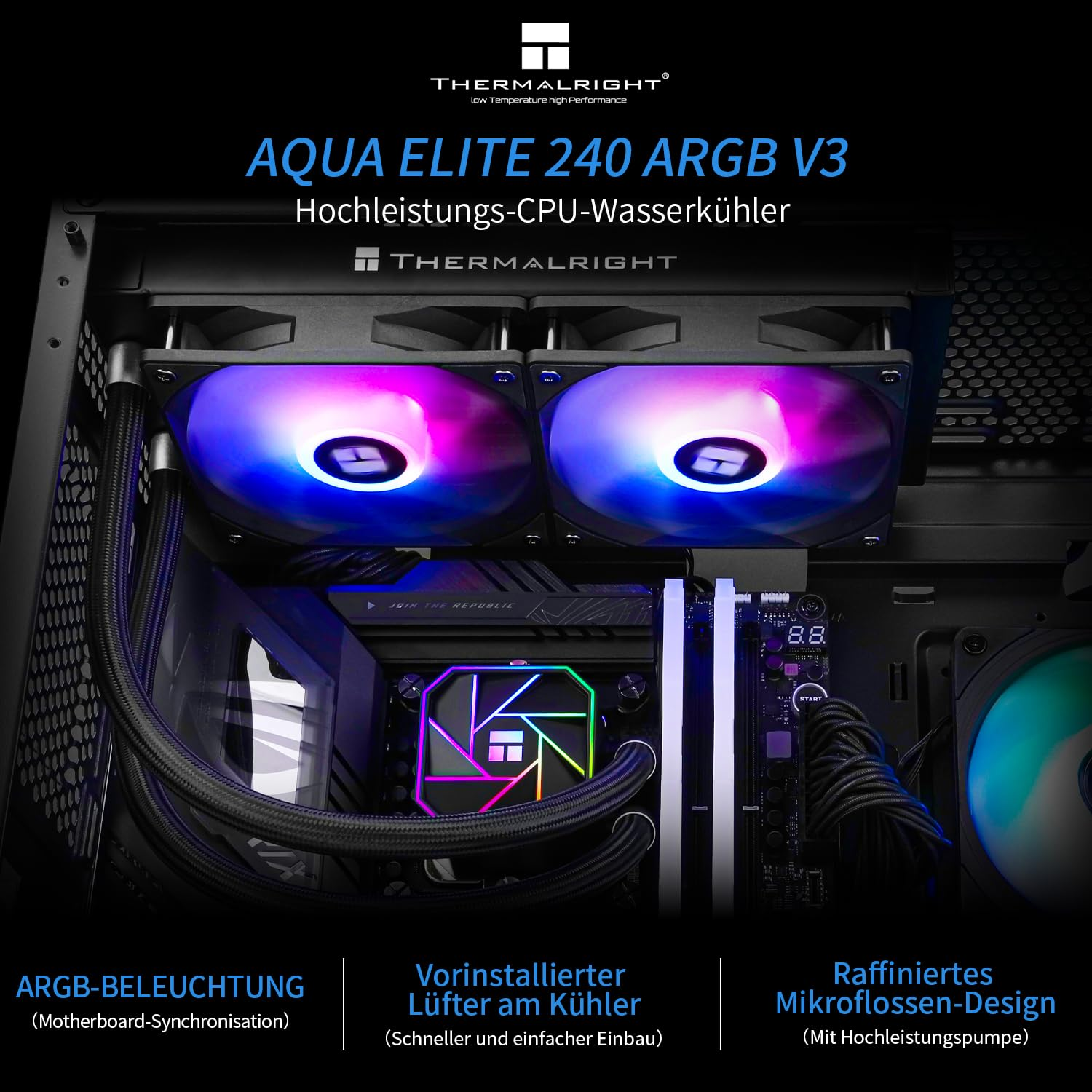 Refroidisseur liquide CPU Thermalright Aqua Elite 240 ARGB V3 avec éclairage RGB coloré dans un PC.