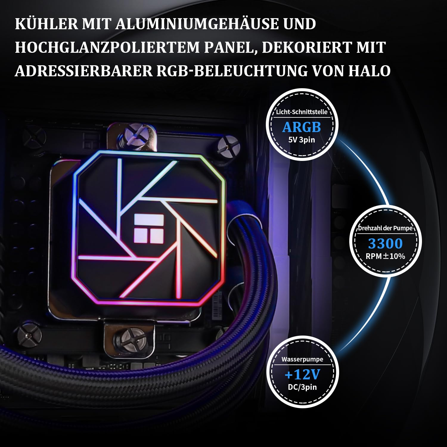 Refroidisseur à eau pour processeur avec éclairage RGB, ARGB 5V 3 broches, pompe 3300 tr/min.