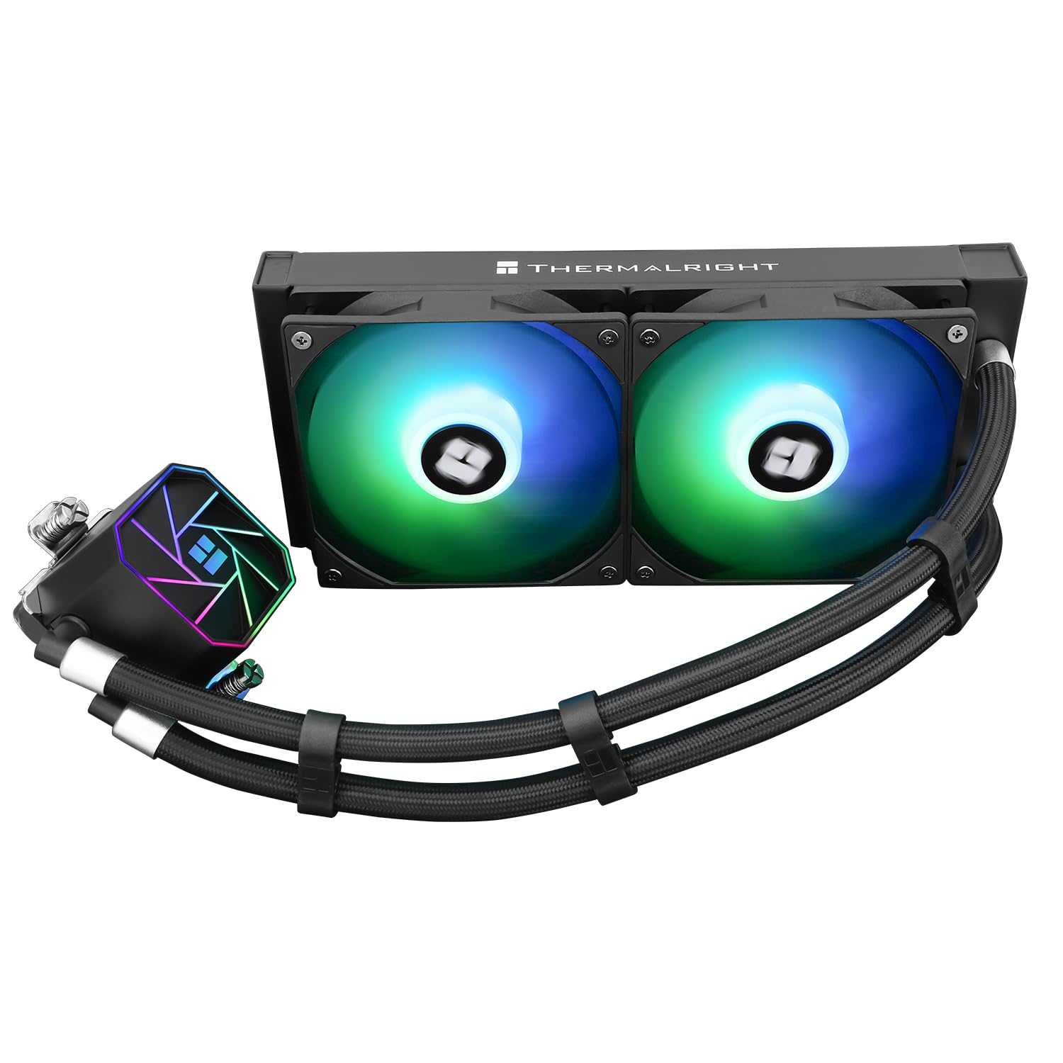 Refroidisseur liquide pour processeur Thermalright noir avec deux ventilateurs RGB et un bloc pompe lumineux.