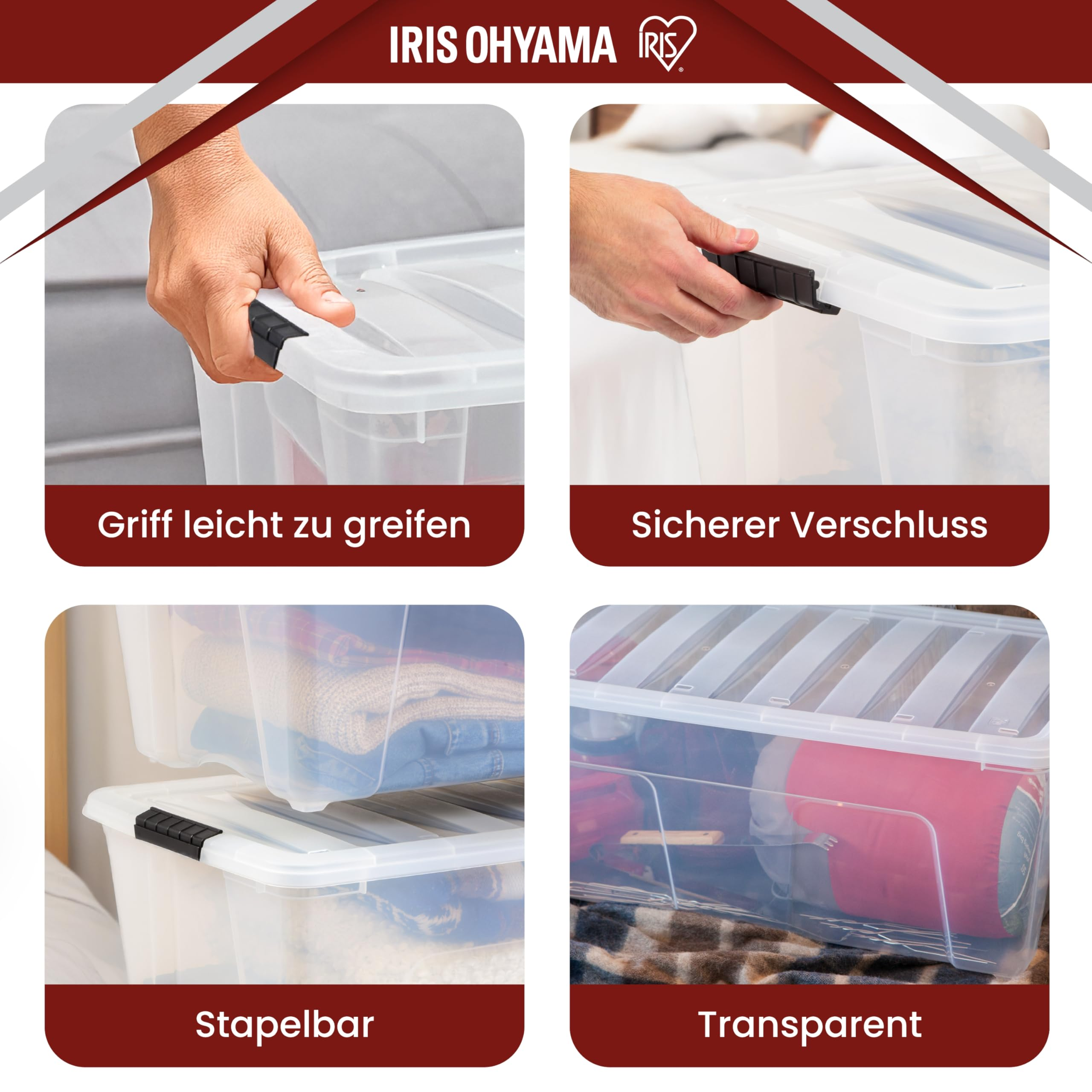 Quattro immagini mostrano una scatola di plastica trasparente Iris Ohyama con impugnatura facile, chiusura sicura e impilabile.