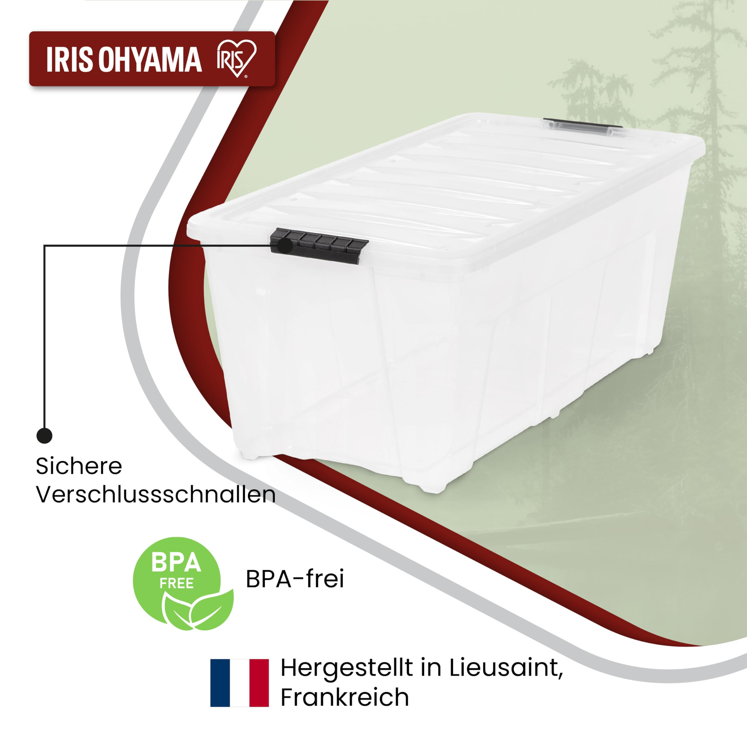 Scatola portaoggetti in plastica trasparente con chiusure nere sicure, senza BPA, prodotta in Francia.
