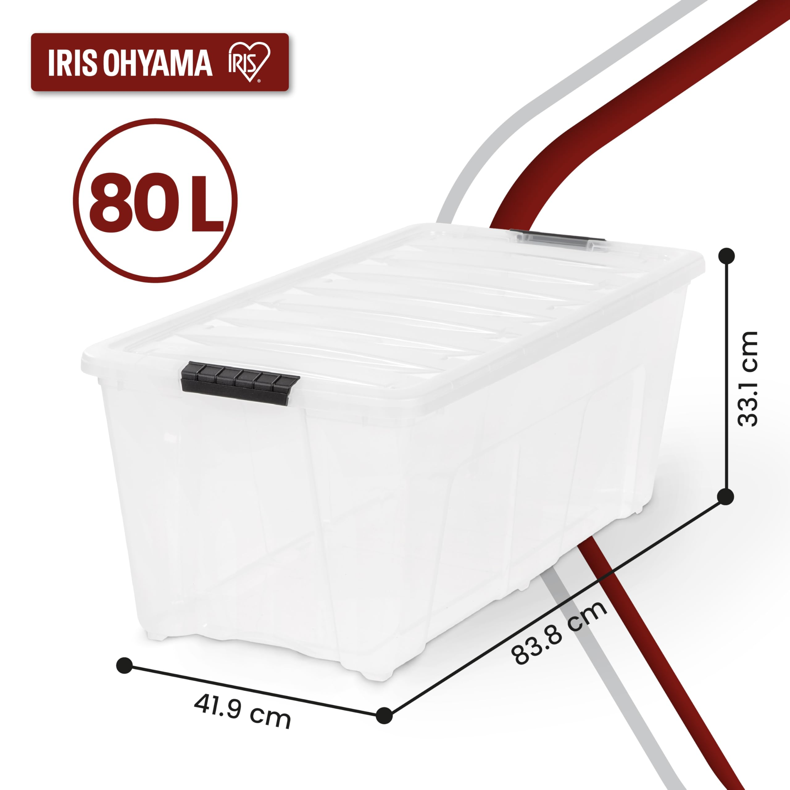 Scatola portaoggetti trasparente da 80L con clip nere e misure in cm su sfondo bianco.