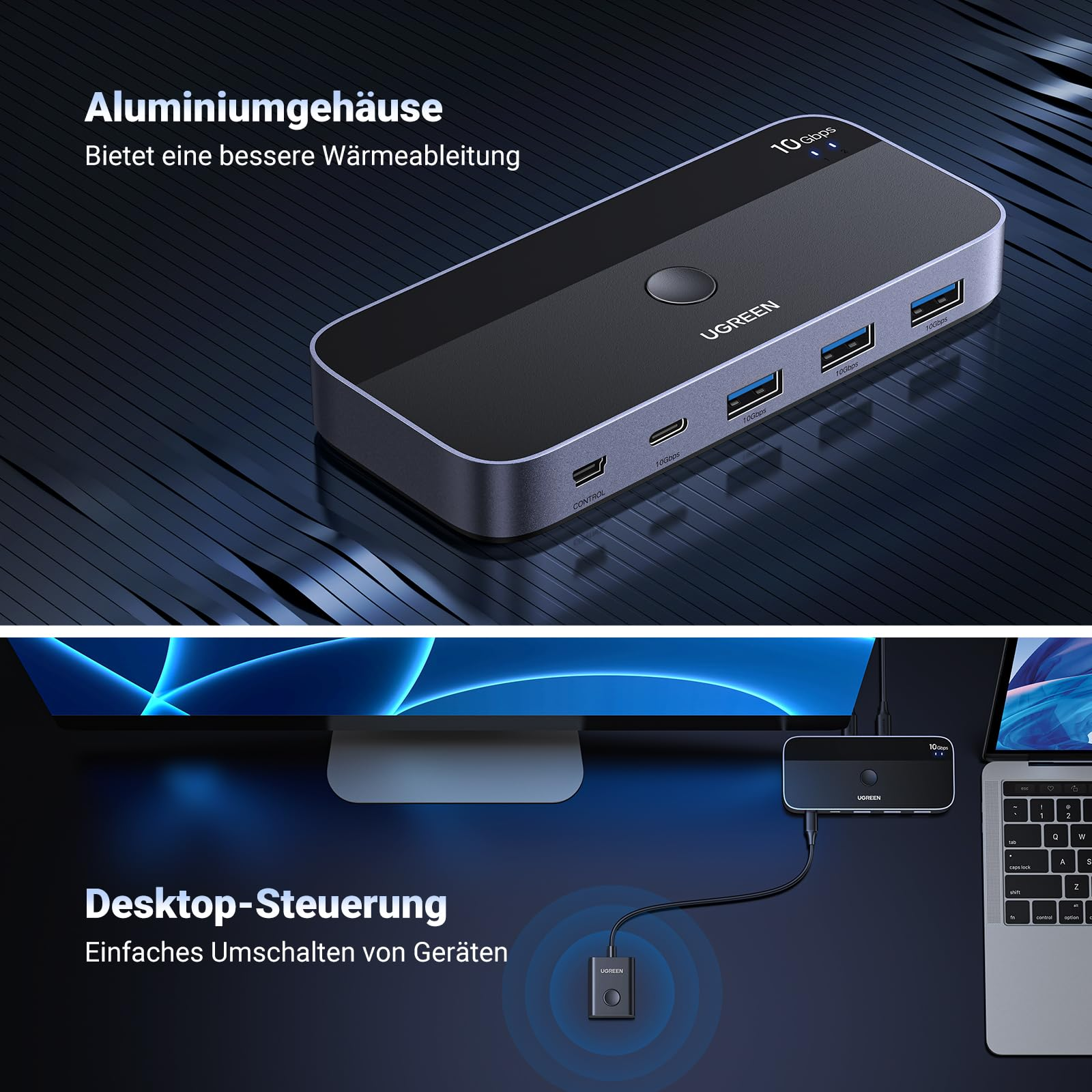 Uno switch USB UGREEN con custodia in alluminio e porte multiple, collegato a laptop e monitor su una scrivania scura.