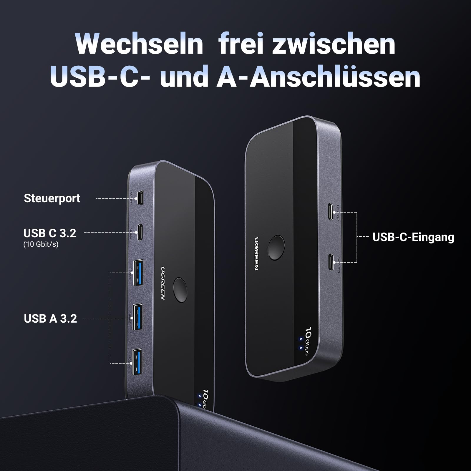 Due dispositivi UGREEN mostrano varie porte USB-C e USB-A su sfondo scuro.