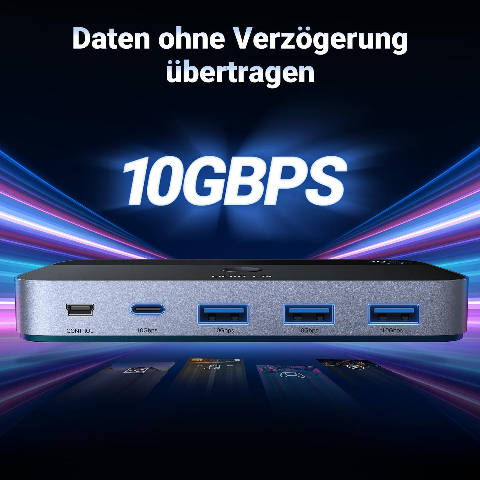 Un hub USB Ugreen con più porte da 10 Gbps, che brilla di blu su uno sfondo scuro e futuristico con scie di luce.