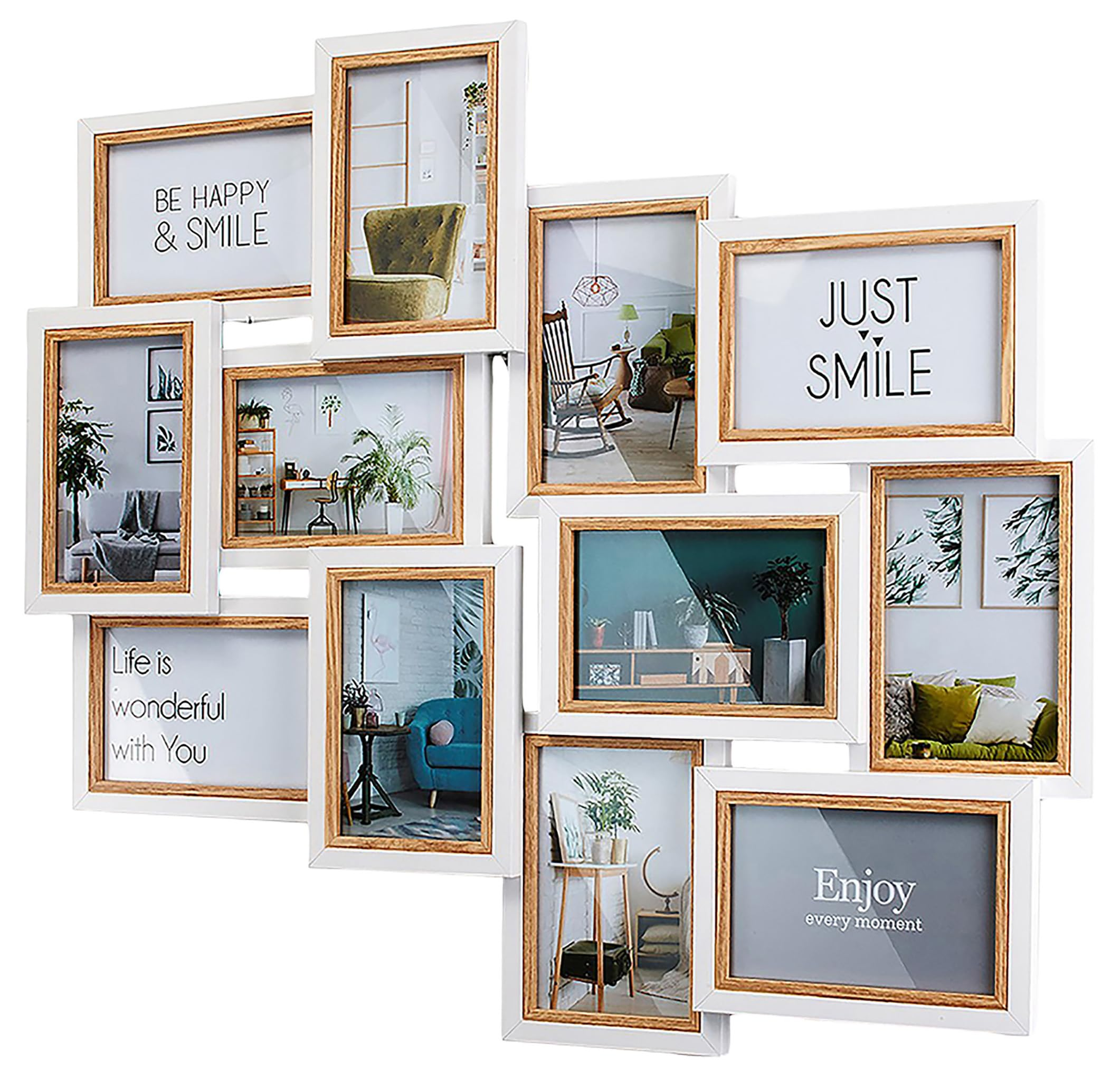 Ein weißer, collageartiger Fotorahmen mit Bildern von Räumen und inspirierenden Texten.