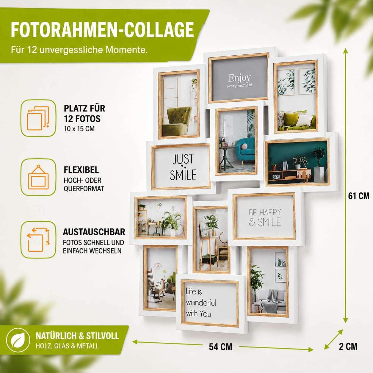 Weiße Fotorahmen-Collage für 12 Fotos, Maße 54 x 61 cm, mit verschiedenen Bildern und Texten.