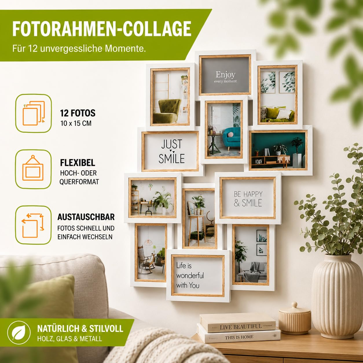 Weiße Fotorahmen-Collage für 12 Fotos an einer hellen Wand mit Vasen und Büchern.