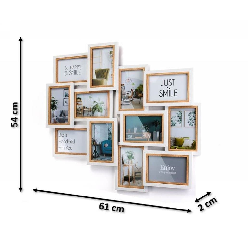 Wandcollage mit mehreren weißen und Holzrahmen, 54 cm Höhe, 61 cm Breite und 2 cm Tiefe.