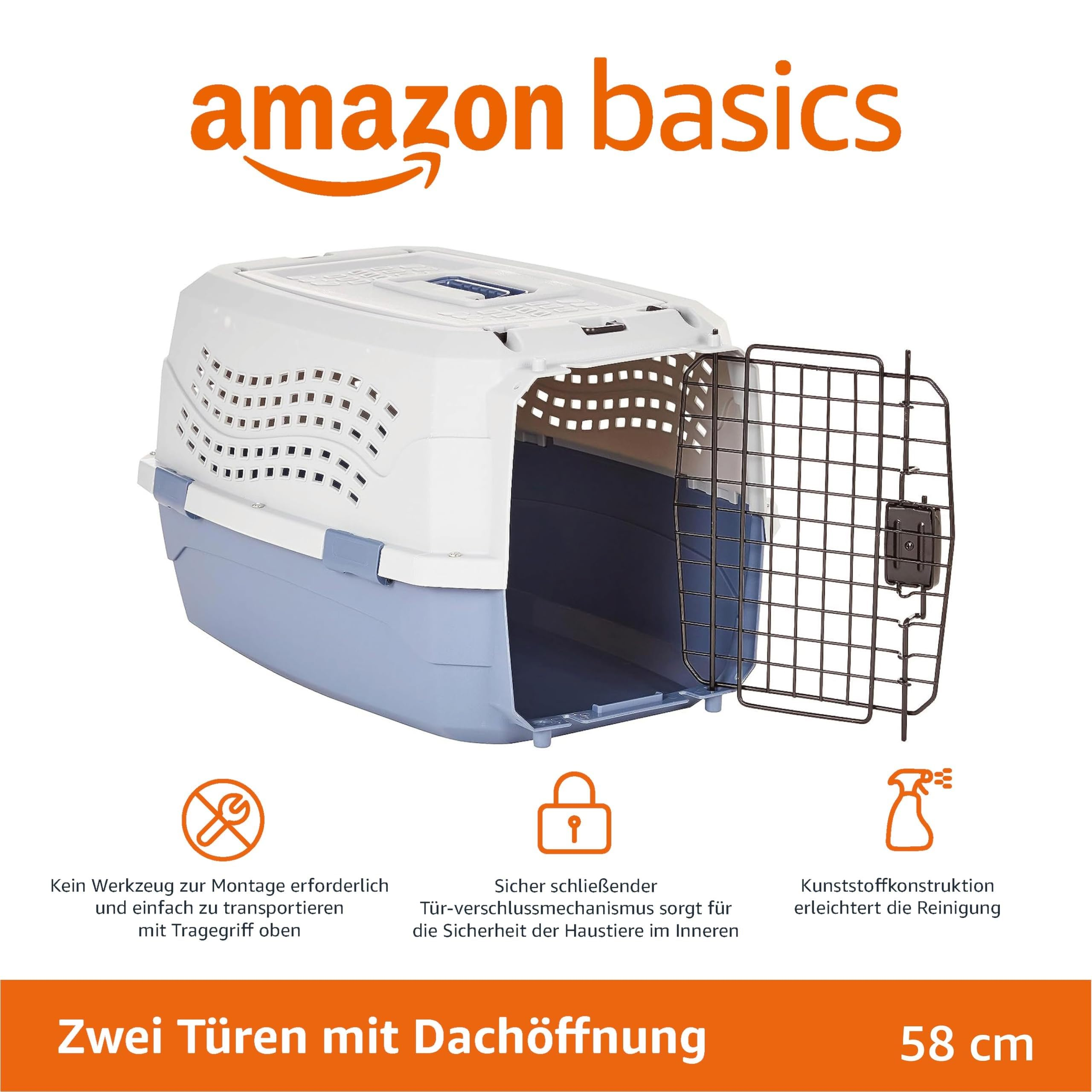 Trasportino per animali Amazon Basics grigio e blu con porta a griglia e apertura sul tetto.
