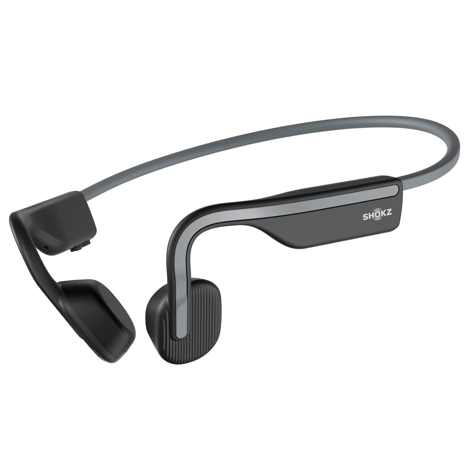 Schwarze Shokz-Knochenleitungskopfhörer mit grauem Nackenband auf weißem Hintergrund.