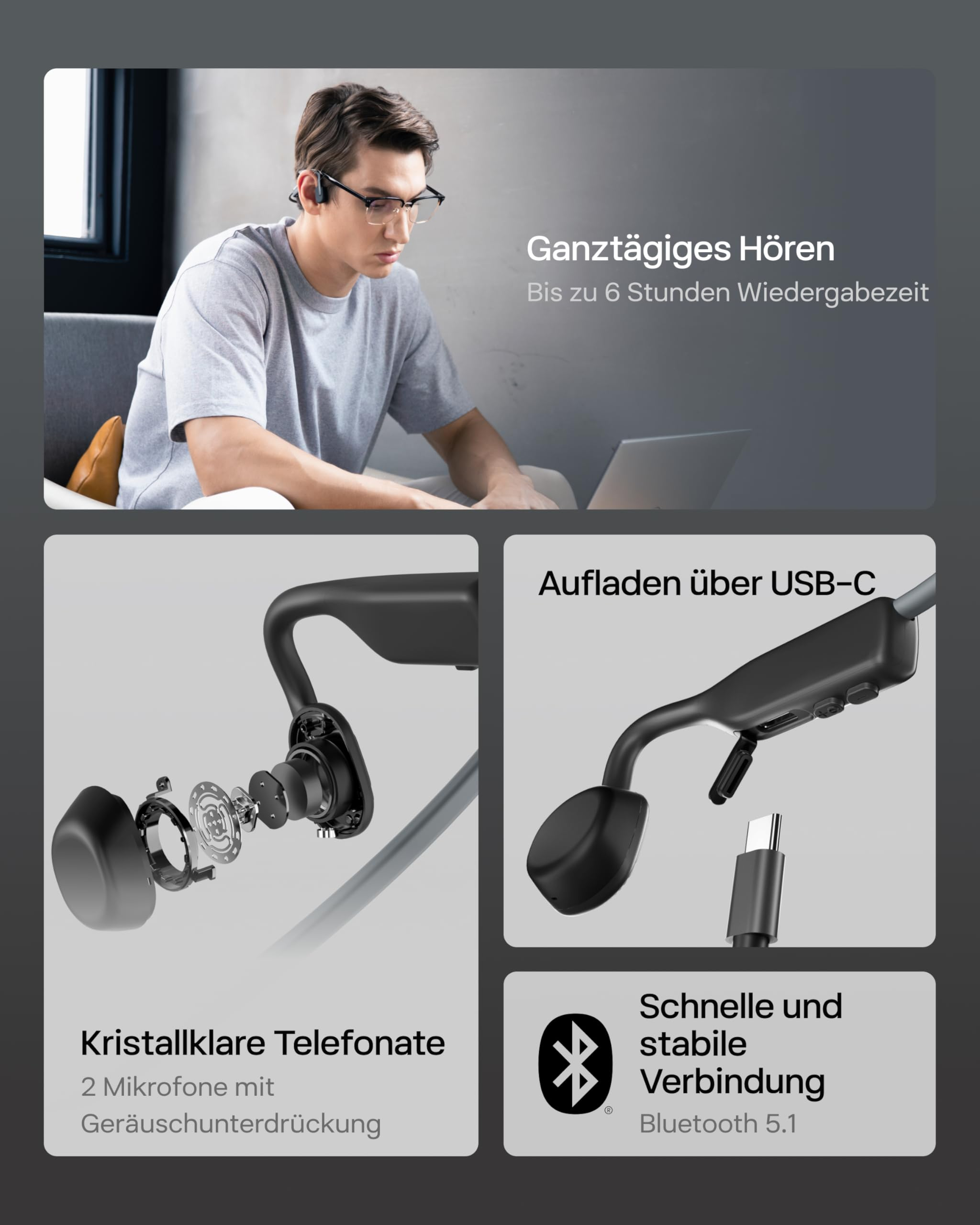 Werbebild für Kopfhörer mit Mann am Laptop, Explosionsansicht der Technik, USB-C-Laden und Bluetooth 5.1.