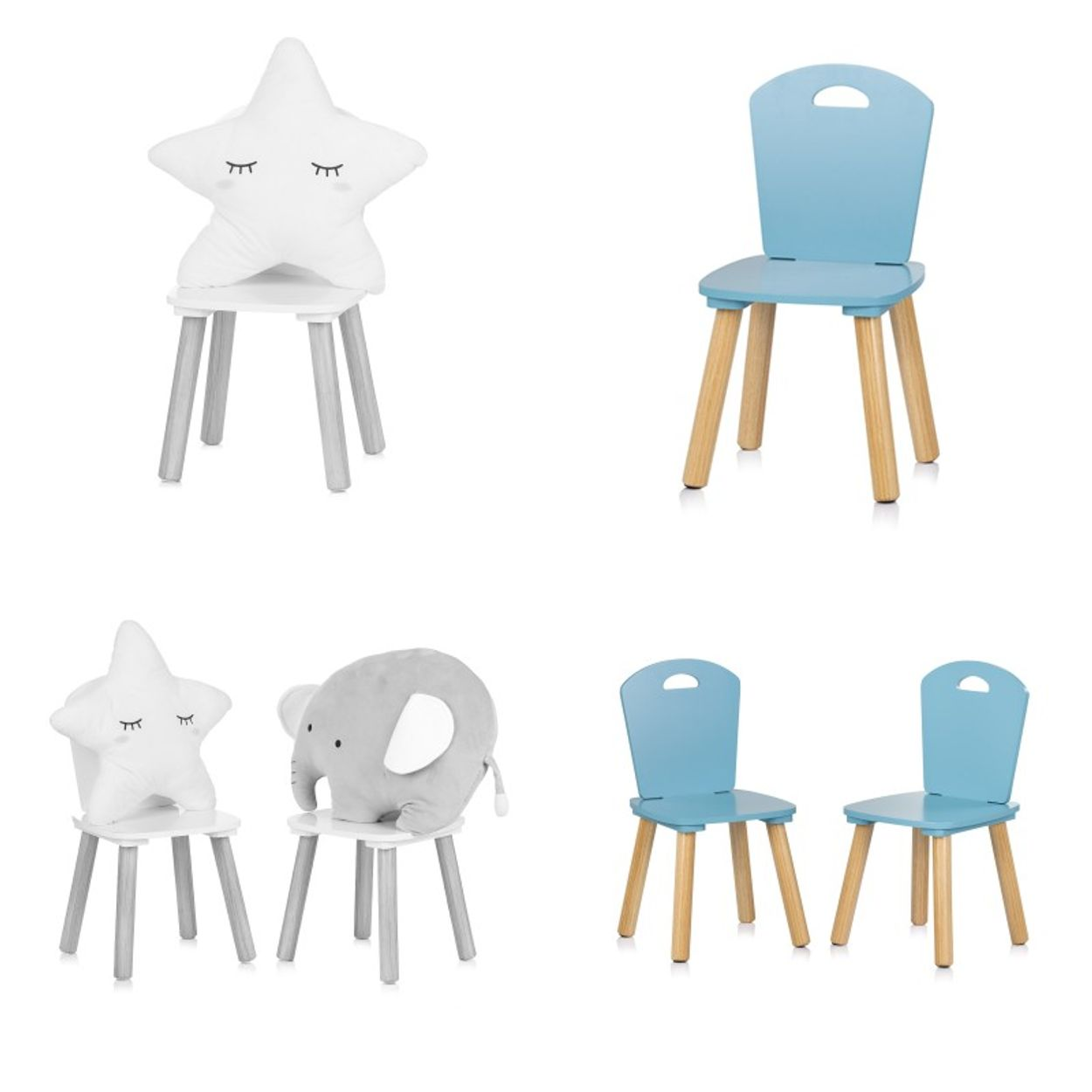 Ein weißer Stuhl mit Kissen, ein blauer Kinderstuhl, zwei Stühle mit Kuscheltieren und zwei blaue Stühle auf weißem Grund.