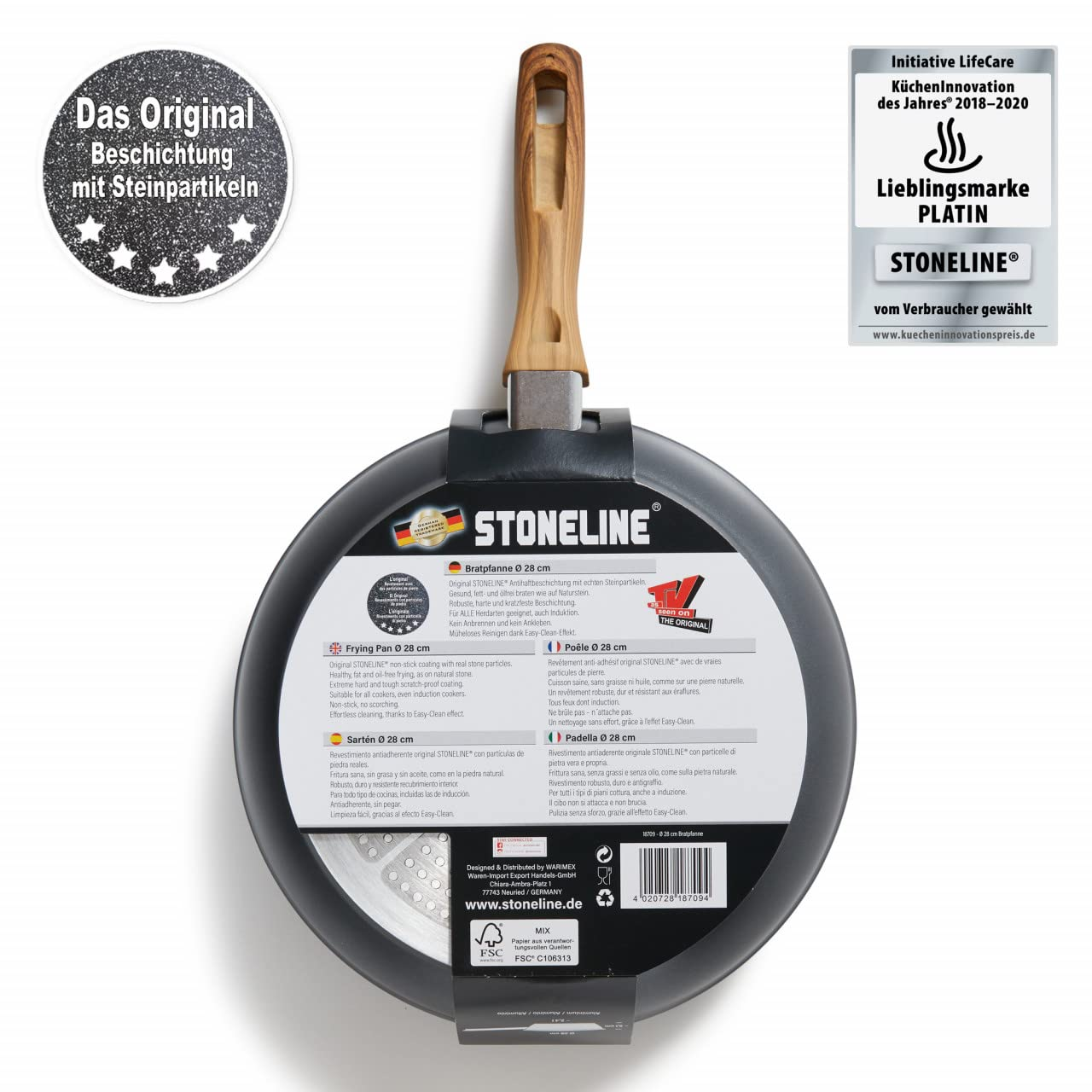 Poêle Stoneline 28 cm avec manche effet bois et étiquette de détails.