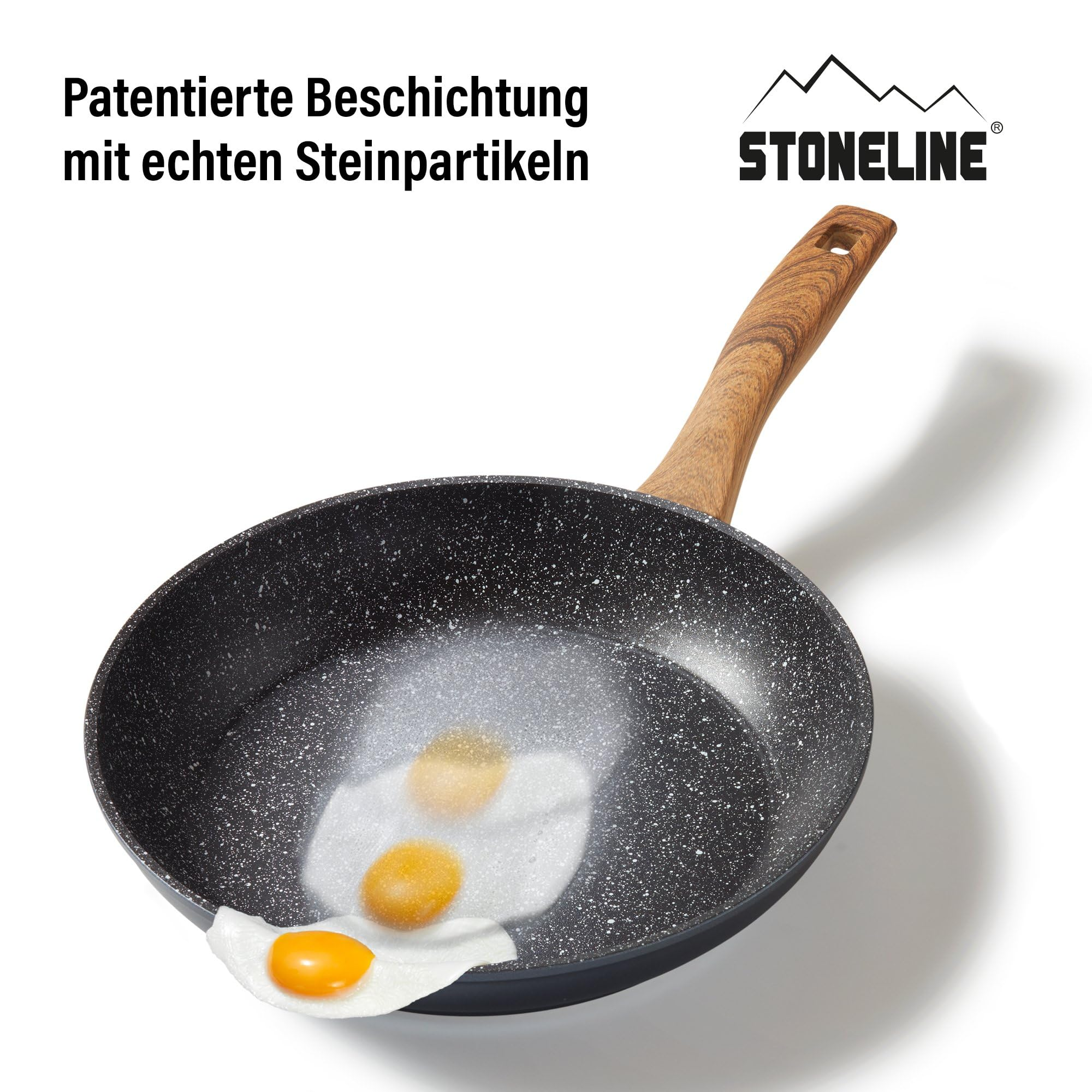 Poele Stoneline avec manche en bois et oeufs au plat glissants.