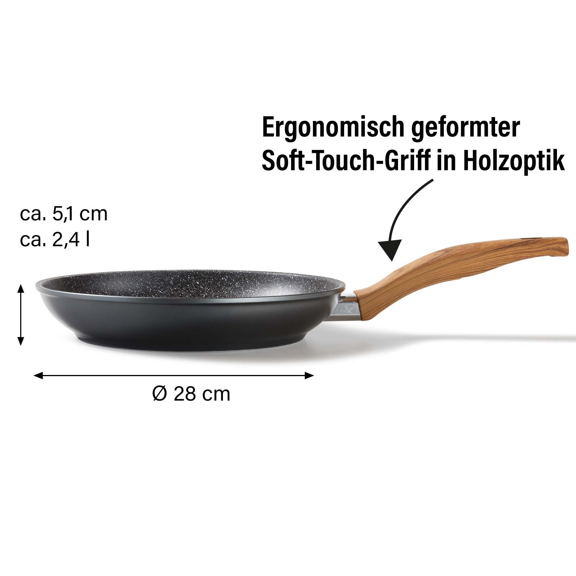Poêle noire avec manche soft-touch aspect bois, 28 cm de diamètre et 5,1 cm de hauteur.