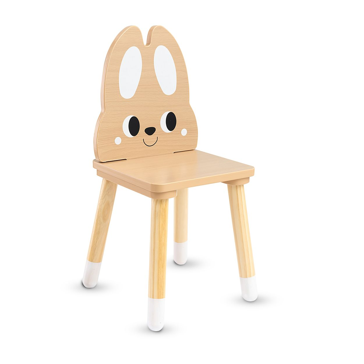 Ein Kinderstuhl aus Holz mit einer Rückenlehne in Hasenform mit weißen Ohren und vier Beinen mit weißen Spitzen.