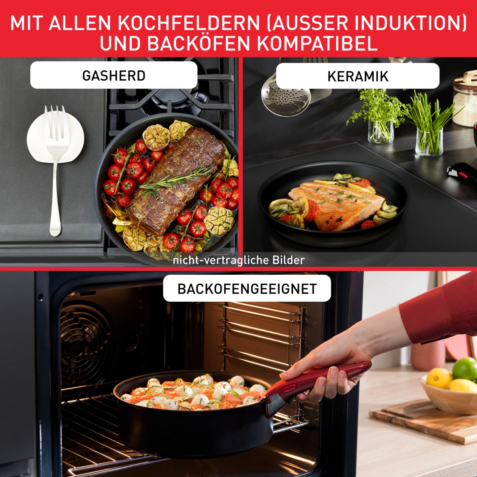 Pfanne kompatibel mit Gas, Keramik und Backofen, mit Fleisch und Gemüsezubereitungen.
