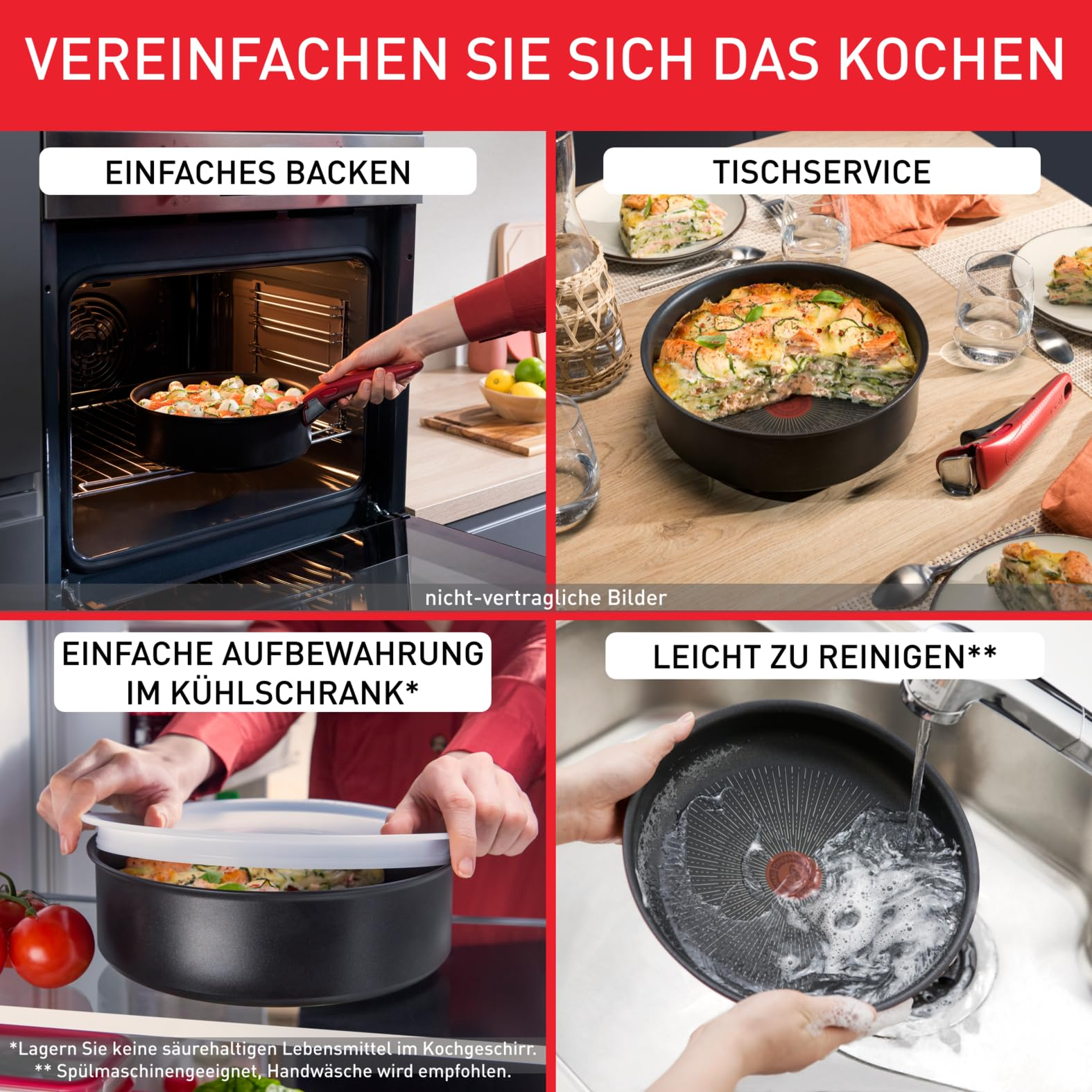 Vier Bilder zeigen eine vielseitige Pfanne beim Backen, Servieren, Aufbewahren und Reinigen.