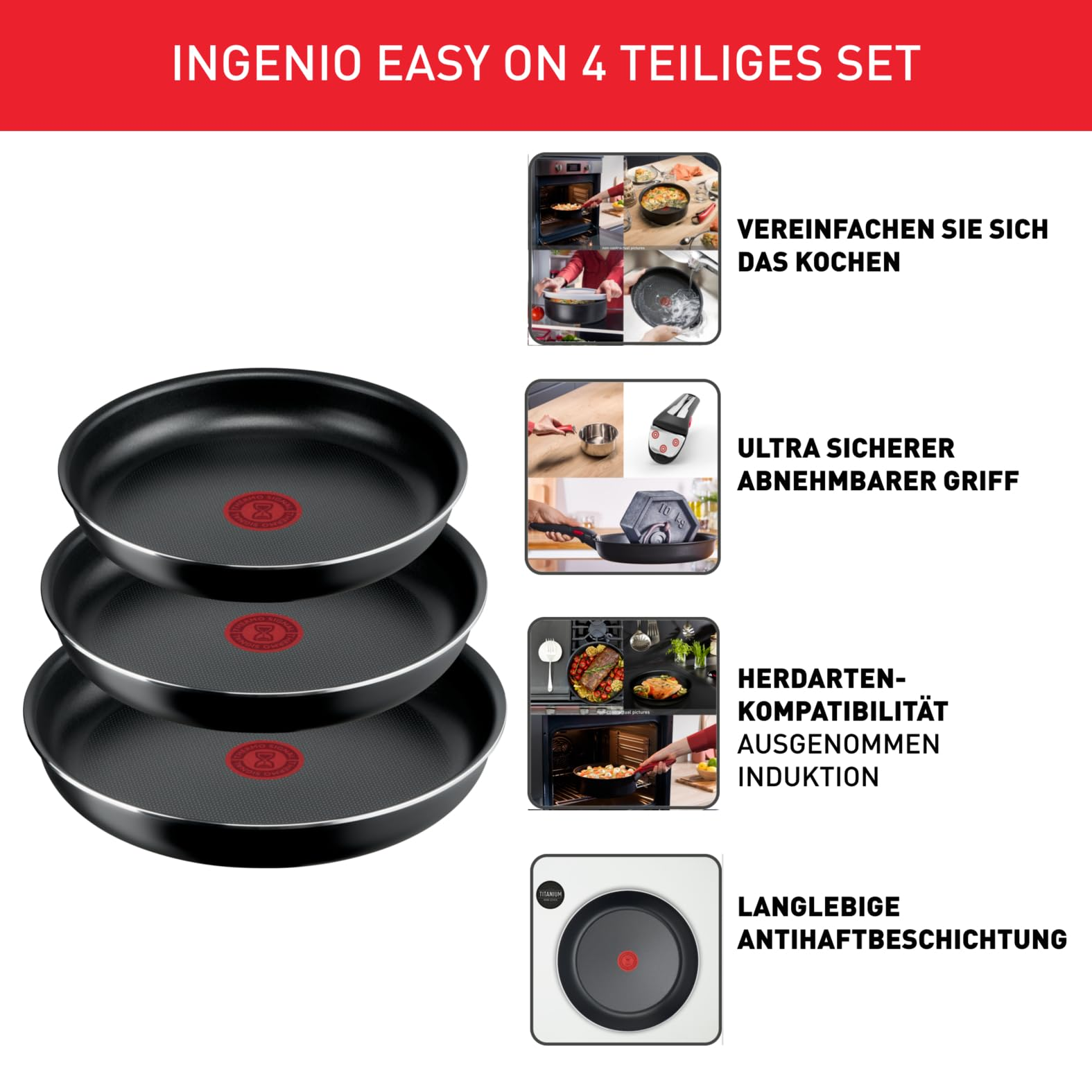Ein Set aus drei schwarzen Tefal Ingenio Pfannen mit abnehmbarem Griff und Nutzungshinweisen.