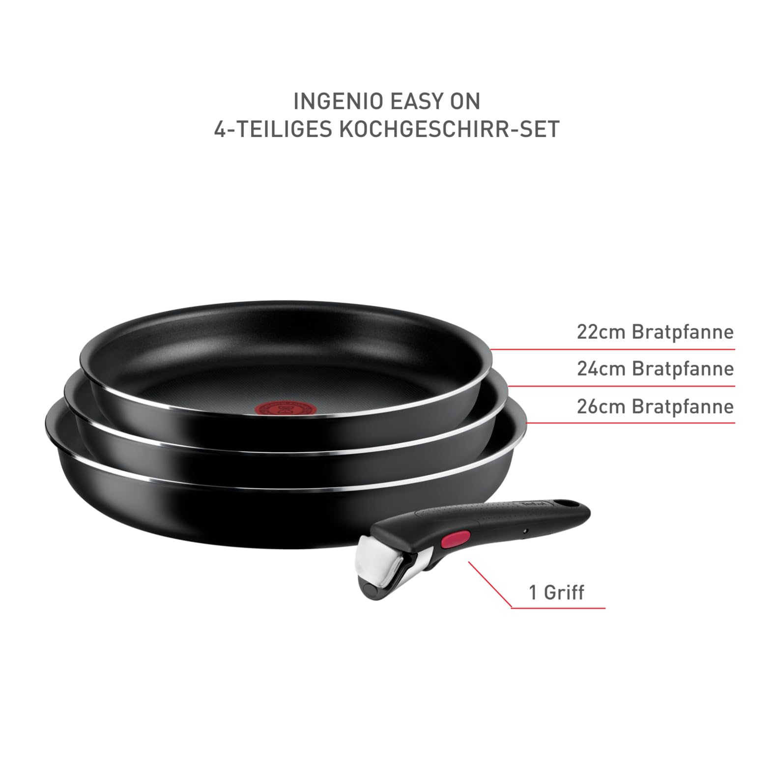 Ein 4-teiliges Tefal Kochgeschirr-Set mit drei schwarzen Bratpfannen in den Größen 22, 24, 26 cm und einem abnehmbaren Griff.