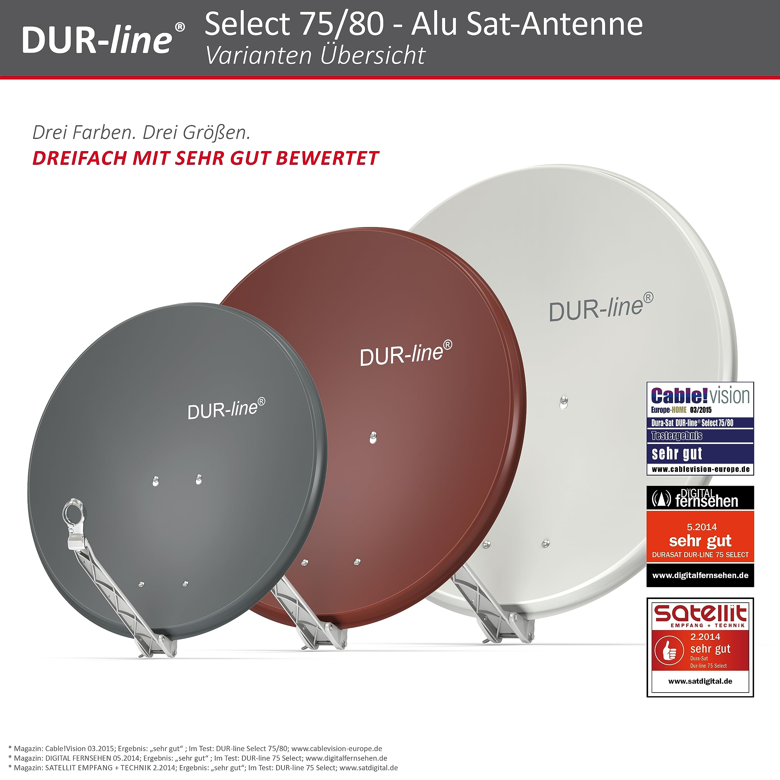 Drei DUR-line Satellitenschüsseln in Grau, Rot und Weiß mit Testergebnissen.