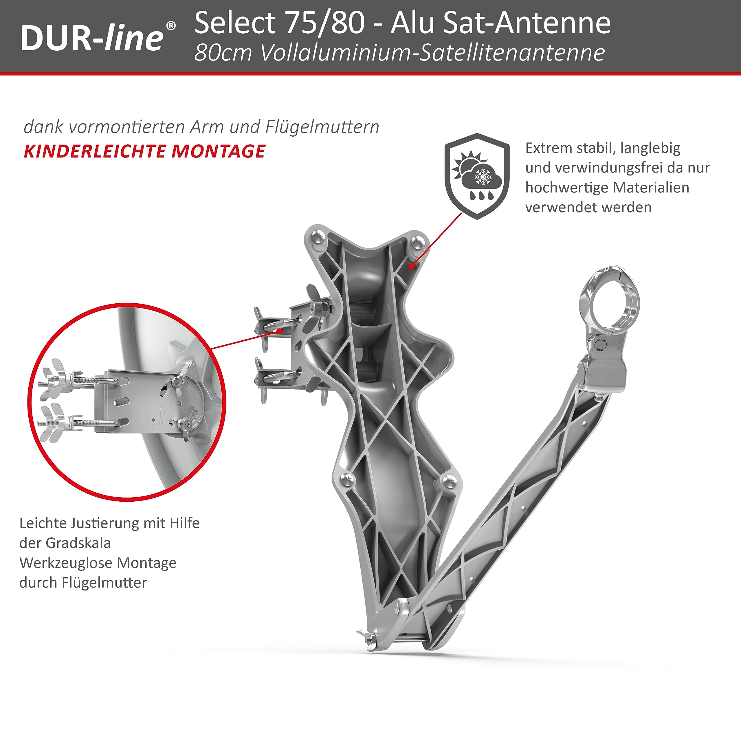 DUR-line Sat-Antenne mit vormontiertem Arm, Flügelmuttern und Gradskala für einfache, stabile Montage.