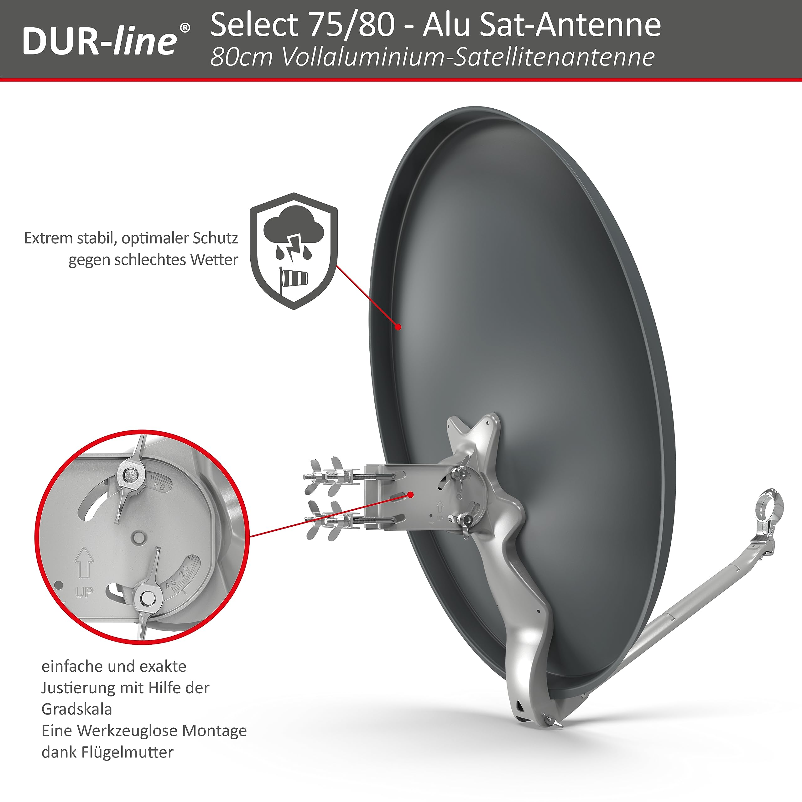 DUR-line Alu Sat-Antenne mit Skala für einfache Justierung und Wetterschutz.
