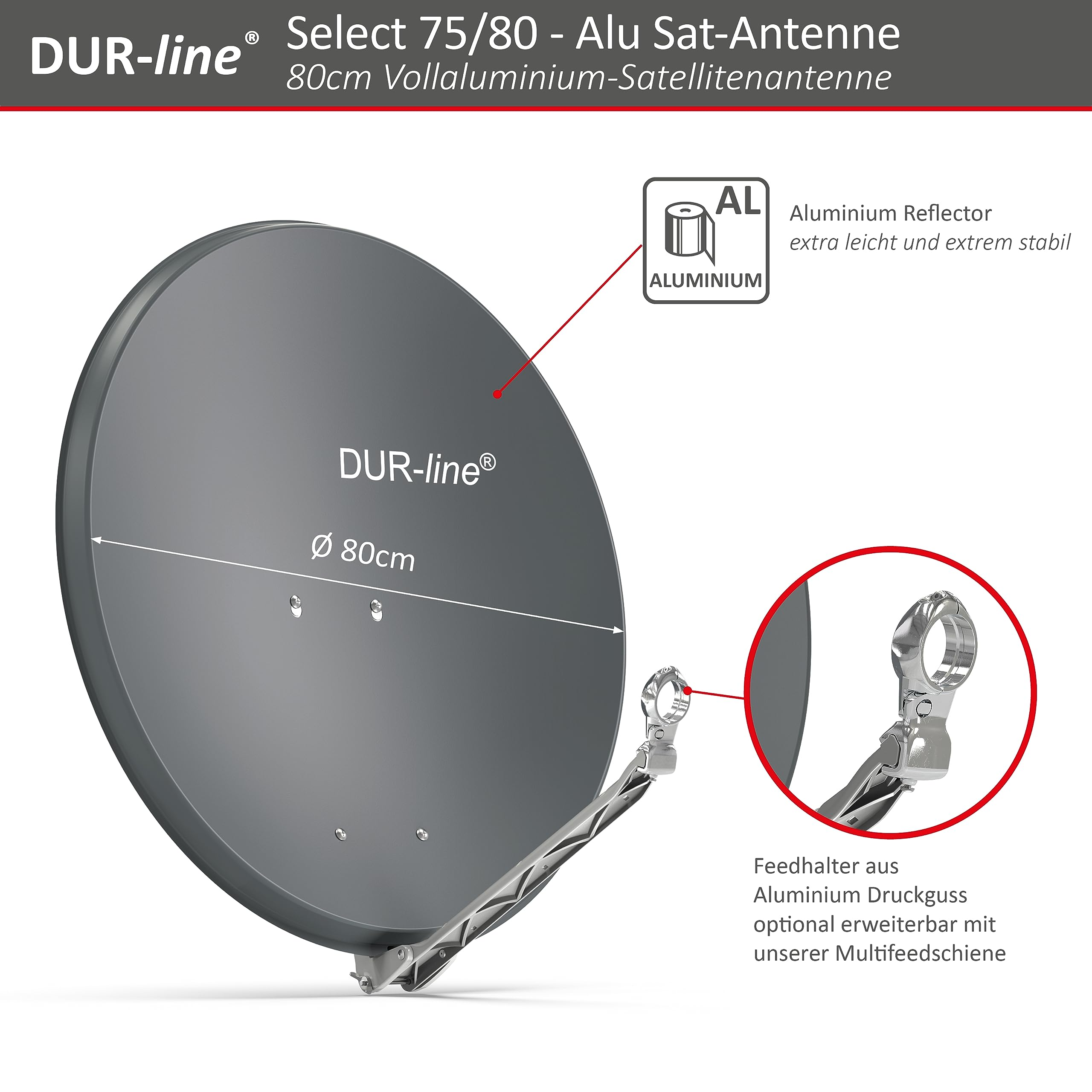 DUR-line Select 75/80 Satellitenantenne mit 80cm Aluminiumreflektor und Druckguss-Feedhalter.