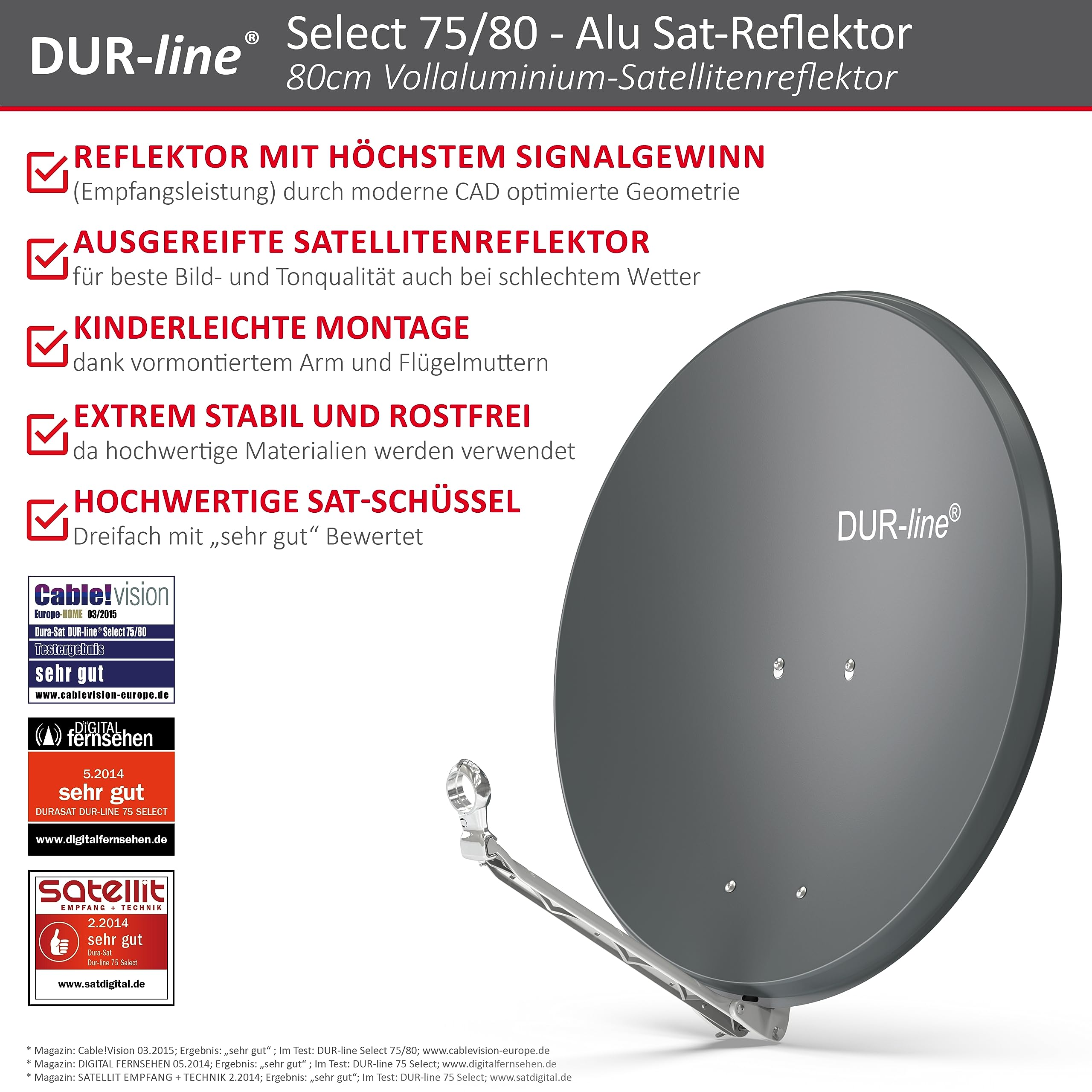 DUR-line Sat-Reflektor mit Produktfeatures und Testbewertungen auf weißem Hintergrund.