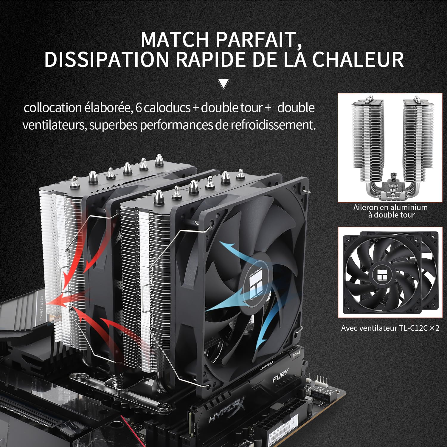 Dual-Tower-CPU-Kühler mit sechs Heatpipes und zwei Lüftern auf einem Mainboard.