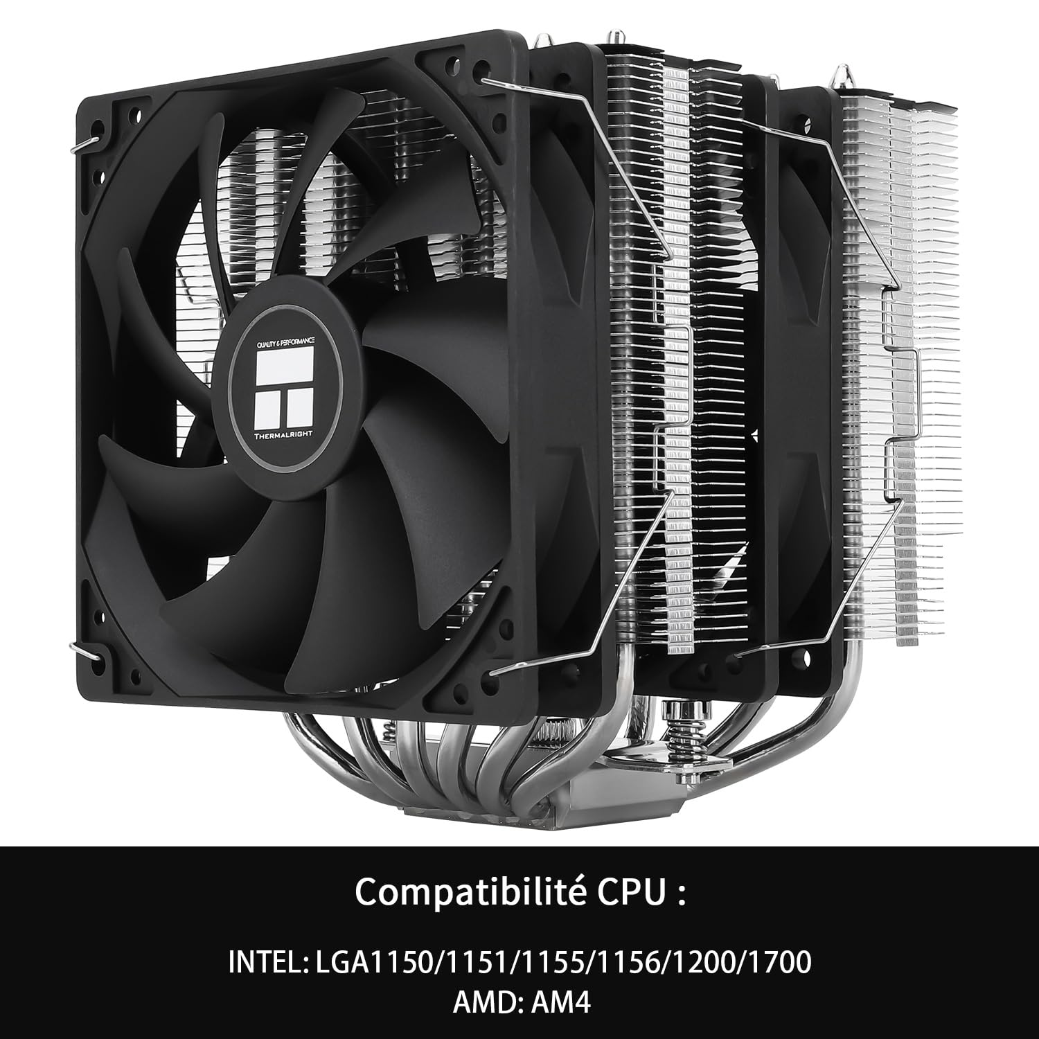 Ein schwarzer CPU-Kühler mit silbernen Heatpipes und Aluminiumlamellen vor weißem Hintergrund mit Text unten.