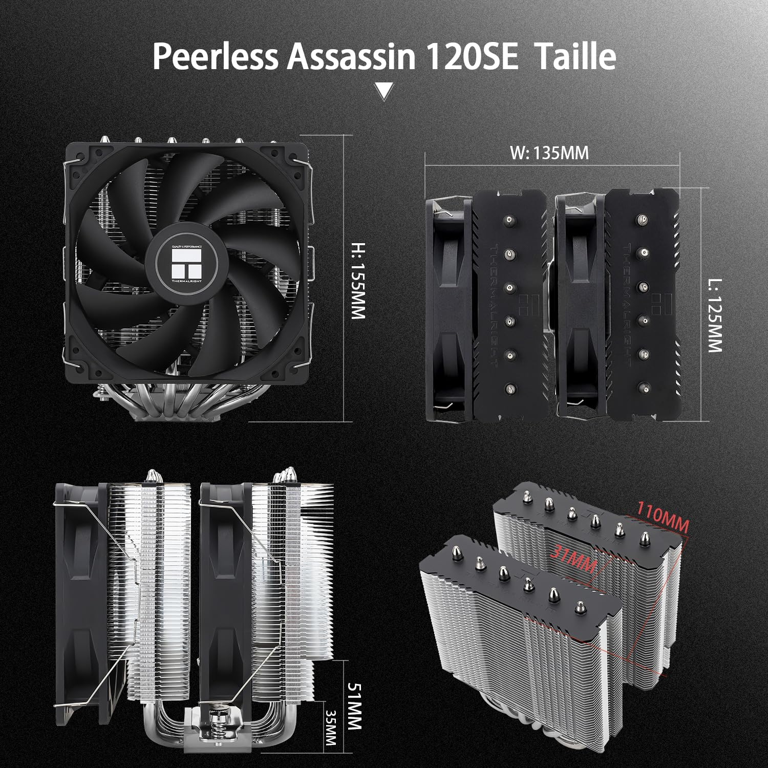 Diagramm zeigt die Maße des CPU-Kühlers Peerless Assassin 120SE aus verschiedenen Blickwinkeln.