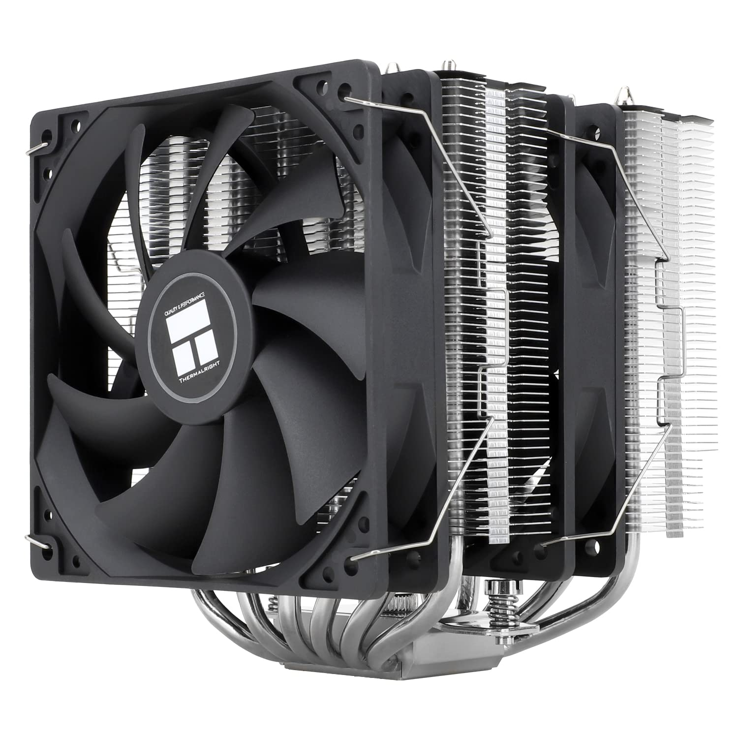 Ein großer CPU-Kühler mit silbernen Kühlrippen, Heatpipes und einem schwarzen Thermalright-Lüfter.