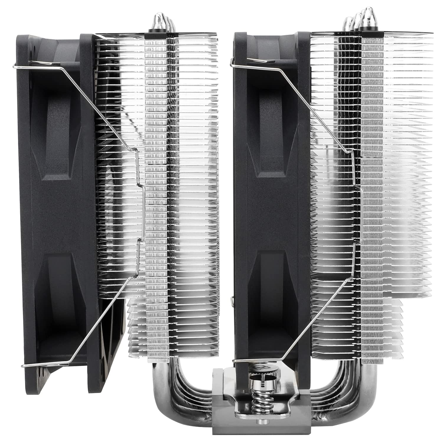 Doppelter CPU-Kühler mit schwarzen Lüftern und silbernen Lamellen.