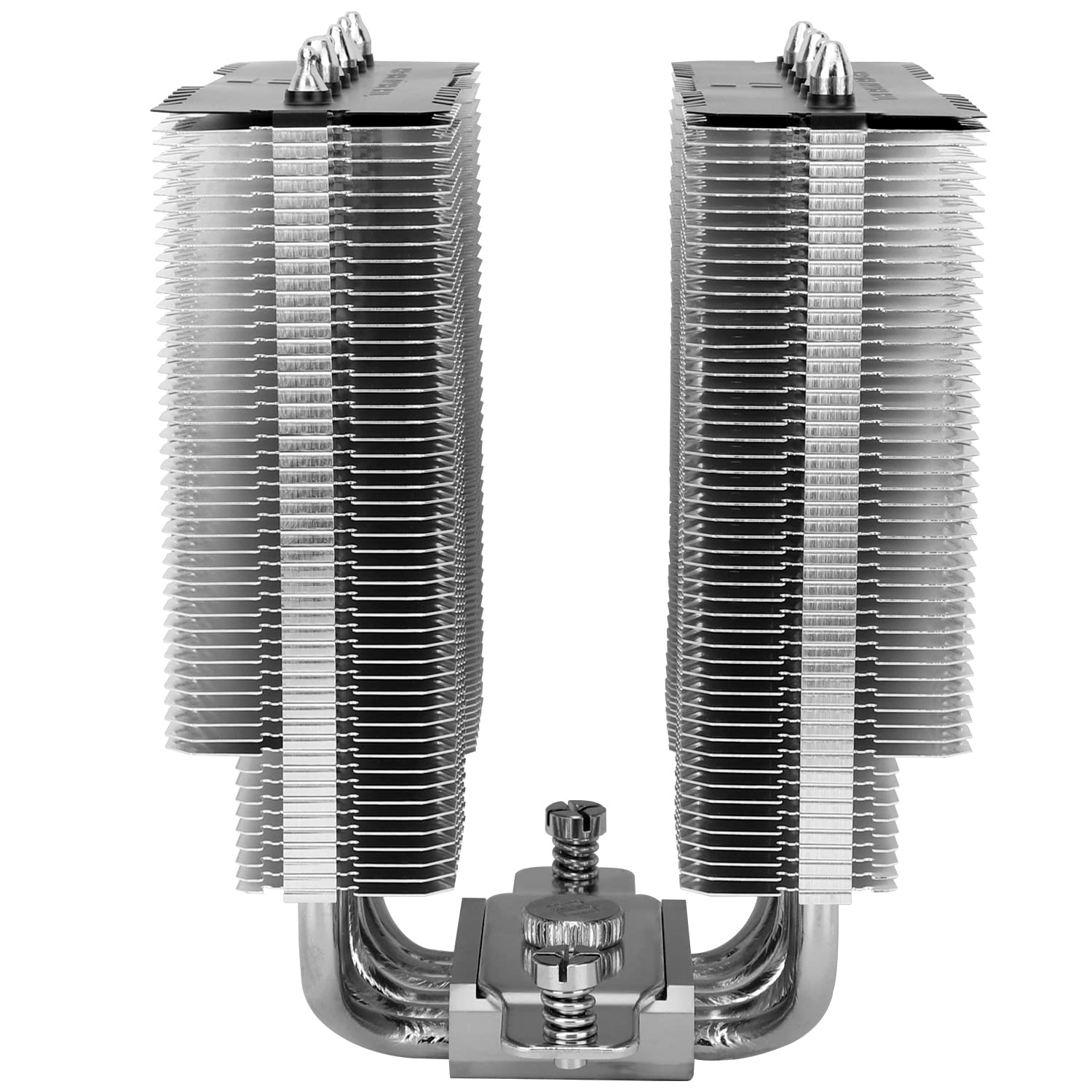 Zwei silberne Kühlkörper mit Lamellen und gebogenen Heatpipes.
