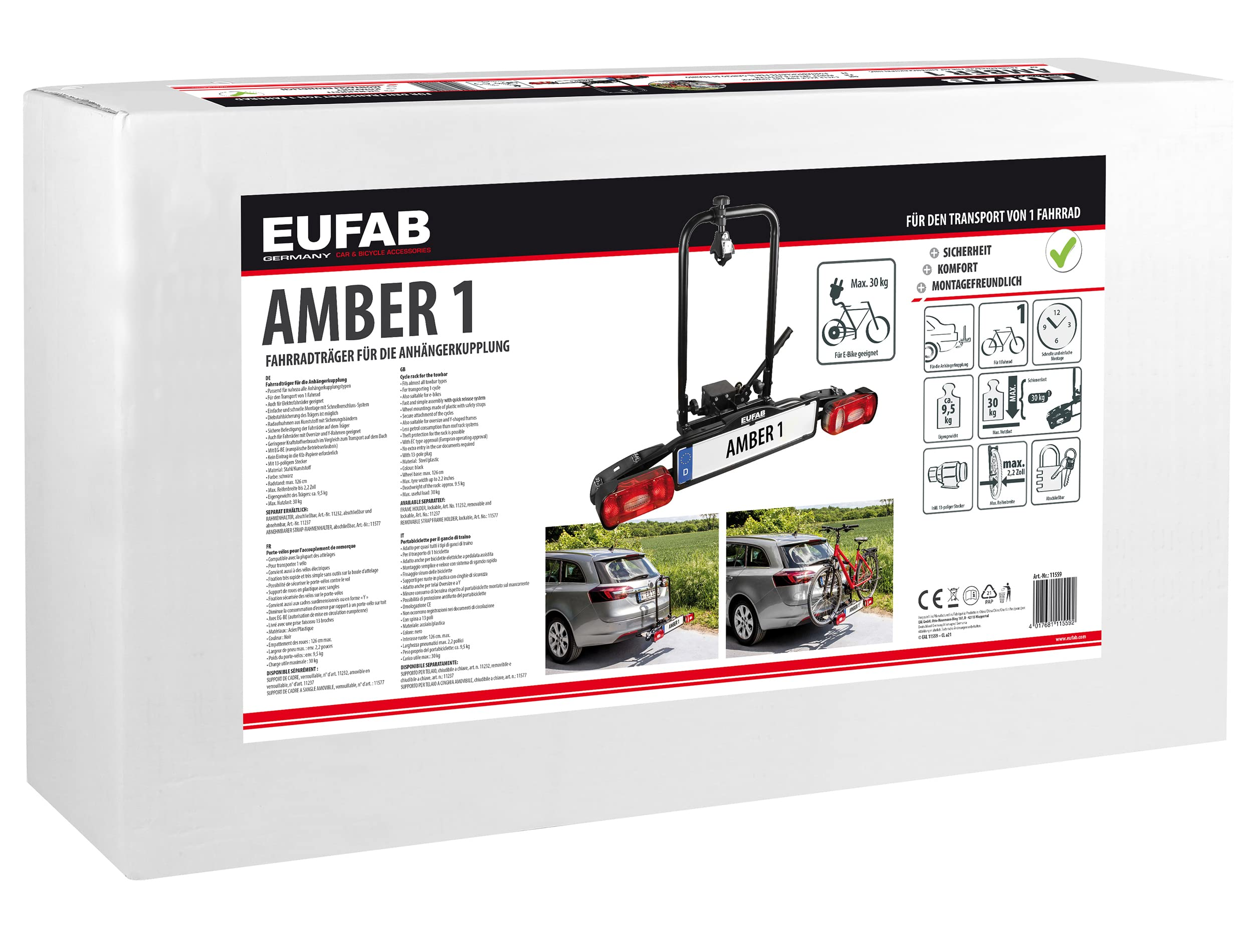 Confezione del portabiciclette Eufab Amber 1, con immagini del prodotto e dettagli tecnici.